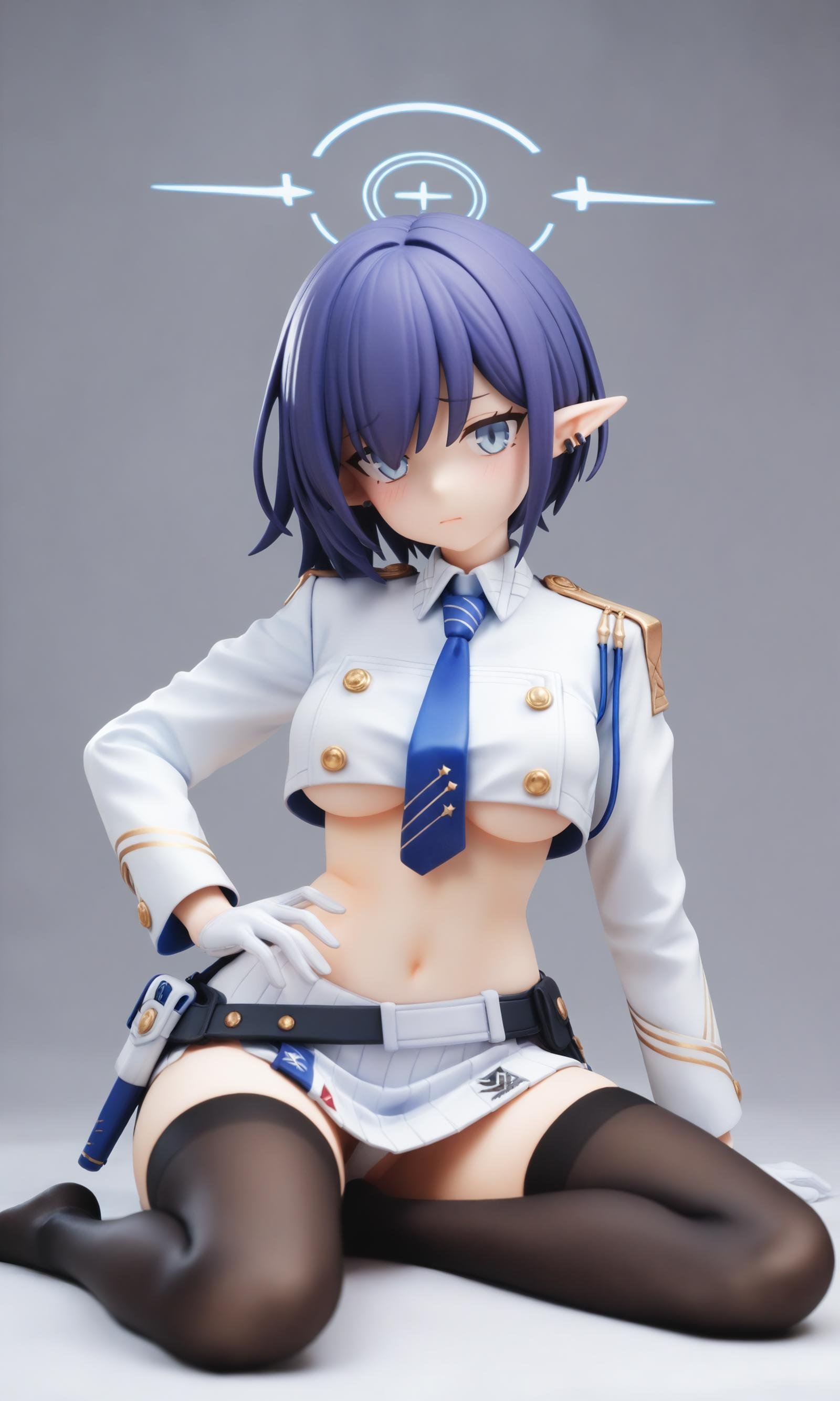 score_9,score_8_up,score_7_up,score_6_up,score_5_up,score_4_up,<lora:blue_archive_all_v1:0.8>,bottomless,contrapposto,white_uniform,looking_at_viewer,highres,medium_breasts,cropped_jacket,solo,absurdres,arm_support,1girl,blue_necktie,earclip,underboob,crop_top_overhang,hand_on_own_hip,stomach,navel,black_thighhighs,pointy_ears,no_bra,aoi_\(blue_archive\),