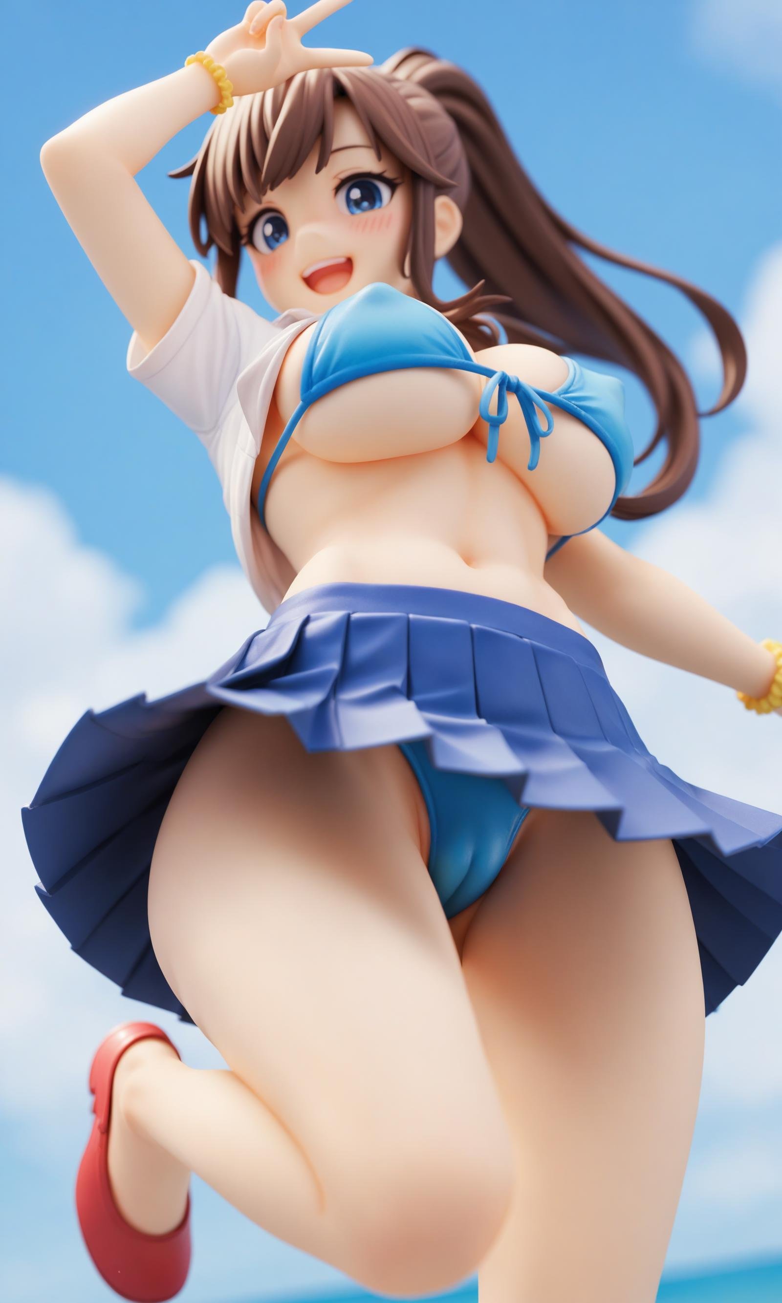 score_9,score_8_up,score_7_up,score_6_up,score_5_up,score_4_up,source_pony, 1girl, breasts, solo, swimsuit, brown hair, blue eyes, bikini, skirt, cameltoe, large breasts, open mouth, smile, v, navel, standing on one leg, looking at viewer, standing, blue bikini, ponytail, covered nipples, blush, underboob, leg up, from below, pleated skirt, thighs, red skirt, front-tie top, :d, blue skirt, sidelocks, miniskirt, front-tie bikini top