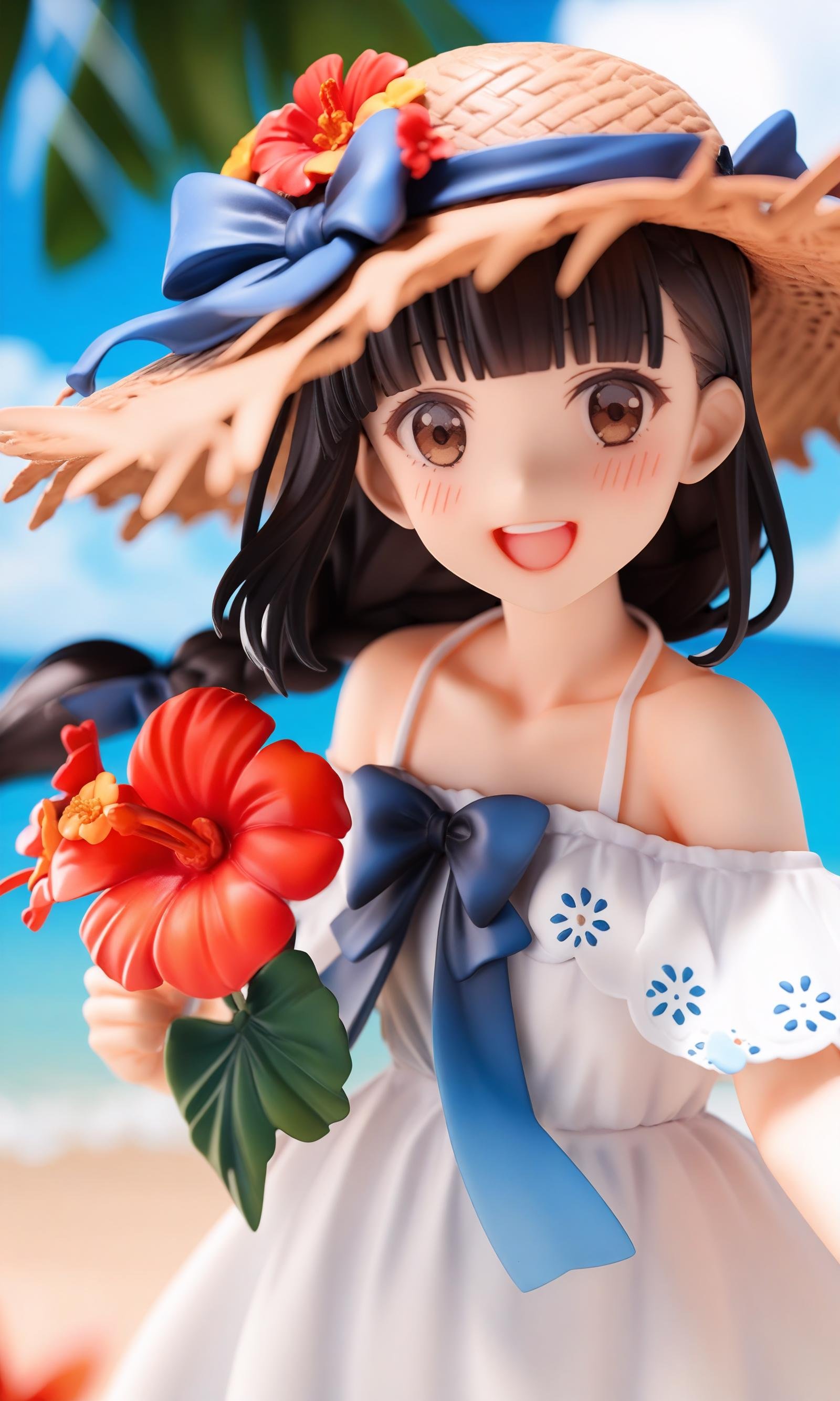 score_9,score_8_up,score_7_up,score_6_up,score_5_up,score_4_up,source_anime,1girl,hat,outdoors,solo,black hair,camera,flower,smile,braid,open mouth,dress,beach,day,brown eyes,holding,looking at viewer,sky,cloud,white dress,holding camera,blush,upper body,long hair,hibiscus,:d,red flower,ocean,blunt bangs,bow,straw hat,hair bow,blue sky,bare shoulders,sun hat,collarbone,brown headwear,teeth,hat flower,single braid,blue bow,