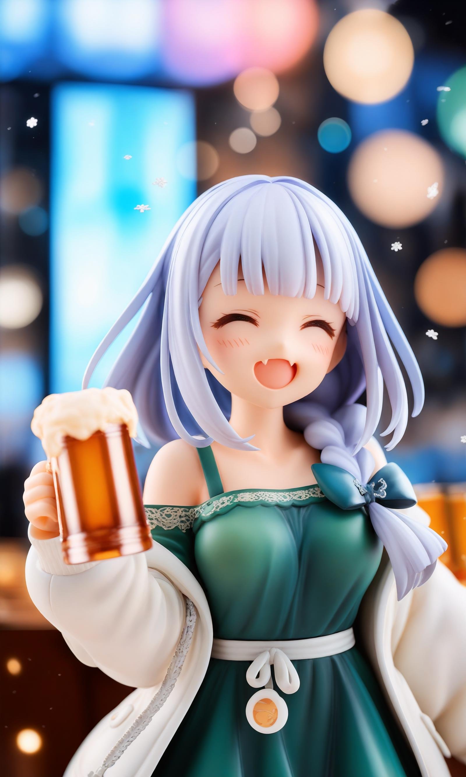 score_9,score_8_up,score_7_up,score_6_up,score_5_up,score_4_up,1girl,solo,closed eyes,breasts,green dress,braid,jacket,holding,fang,alcohol,smile,white jacket,beer,purple hair,bangs,long hair,dress,open jacket,blush,cup,open mouth,open clothes,off shoulder,single braid,:d,skin fang,hair bow,blunt bangs,holding cup,strapsleeves,bokeh,snowflakes,blurry background,depth of field,a figurine with blue hair and blue eyes,q posket,nendoroid eyes,nendroid,half figure shot,high detail!!,style as nendoroid,with gorgeous detailed eyes,macro view,adorable appearance!!!,