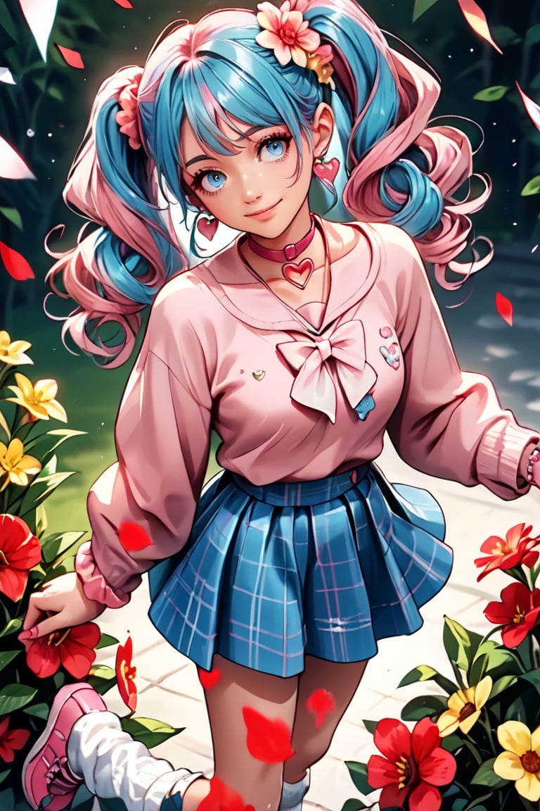 score_9, score_8_up, score_7_up, score_6_up, anime style, masterpiece, highly detailed, centered, cinematic shot, source_anime BREAK 1girl, light smile, head tilt, wariza, flower field, from above, fairymiku, blue eyes, two-tone hair, pink hair, blue hair, curly hair, twintails, hair flower, red flower, yellow flower, pink sweater, pink cardigan, white neckerchief, long sleeves, blue skirt, plaid skirt, miniskirt, loose socks, pink footwear, earrings, pink choker, heart choker, wrist scrunchie, nail polish, pink nails,, Beautiful anime style, mature manhwa,