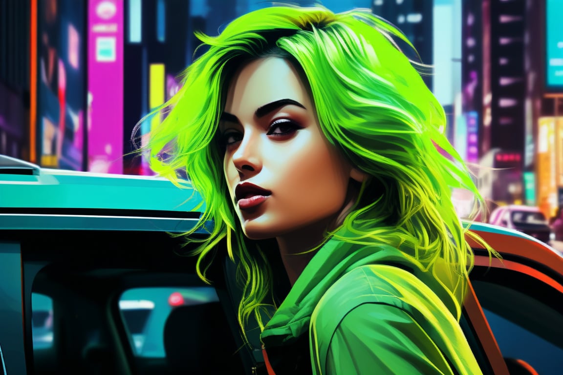 cover painting banner a girl with green neon hair, green cloth, car, city, street, contact eyes, best quality