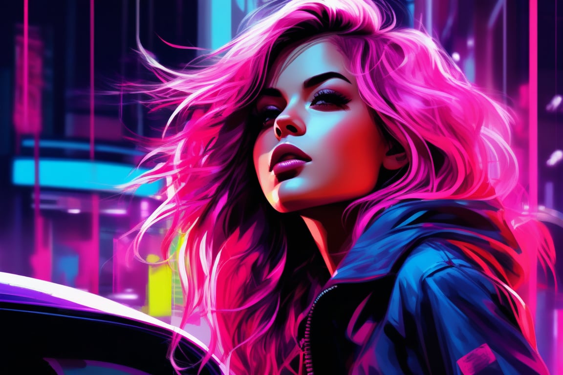 cover painting banner a girl with pink neon hair, Graffiti cloth, car, Graffiti background, contact eyes, best quality