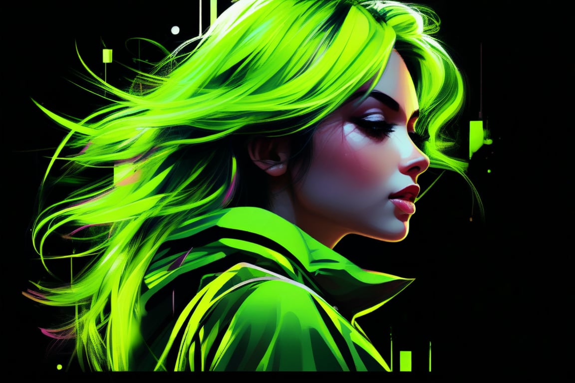 cover painting banner a girl with green neon hair, green cloth, car, black background, contact eyes, best quality