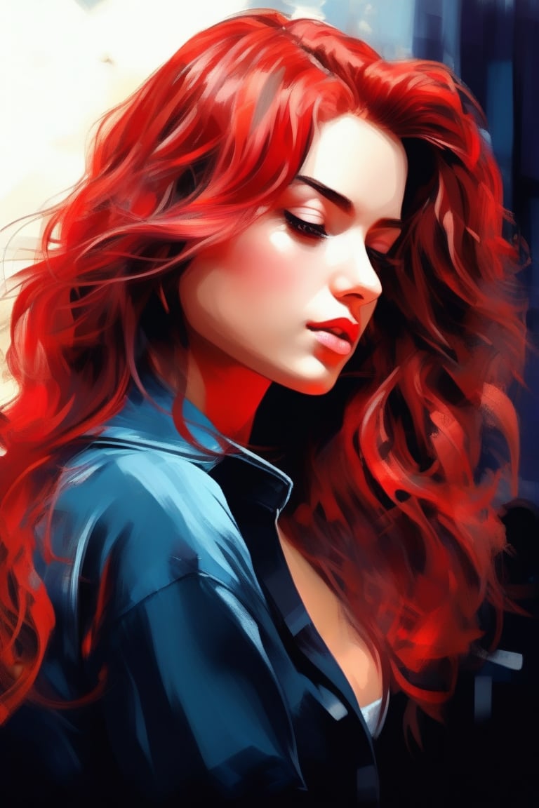 cover painting a book, a women red hair, contact eyes, best quality