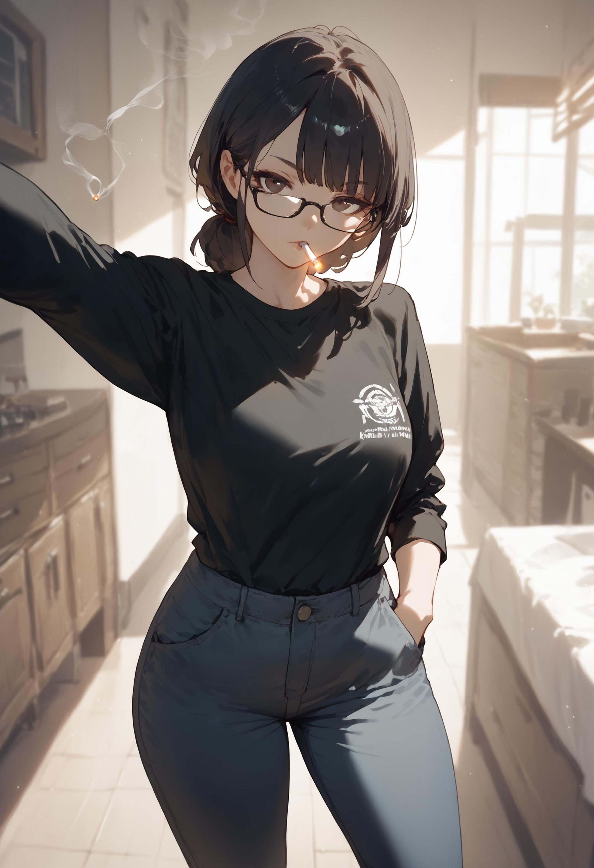 score_9, score_8_up, score_7_up, 1girl, kabedon on viewer, black shirt, glasses, hand in pocket, pants, [:smoking:0.45]<lora:kabedon_pony_2:1>