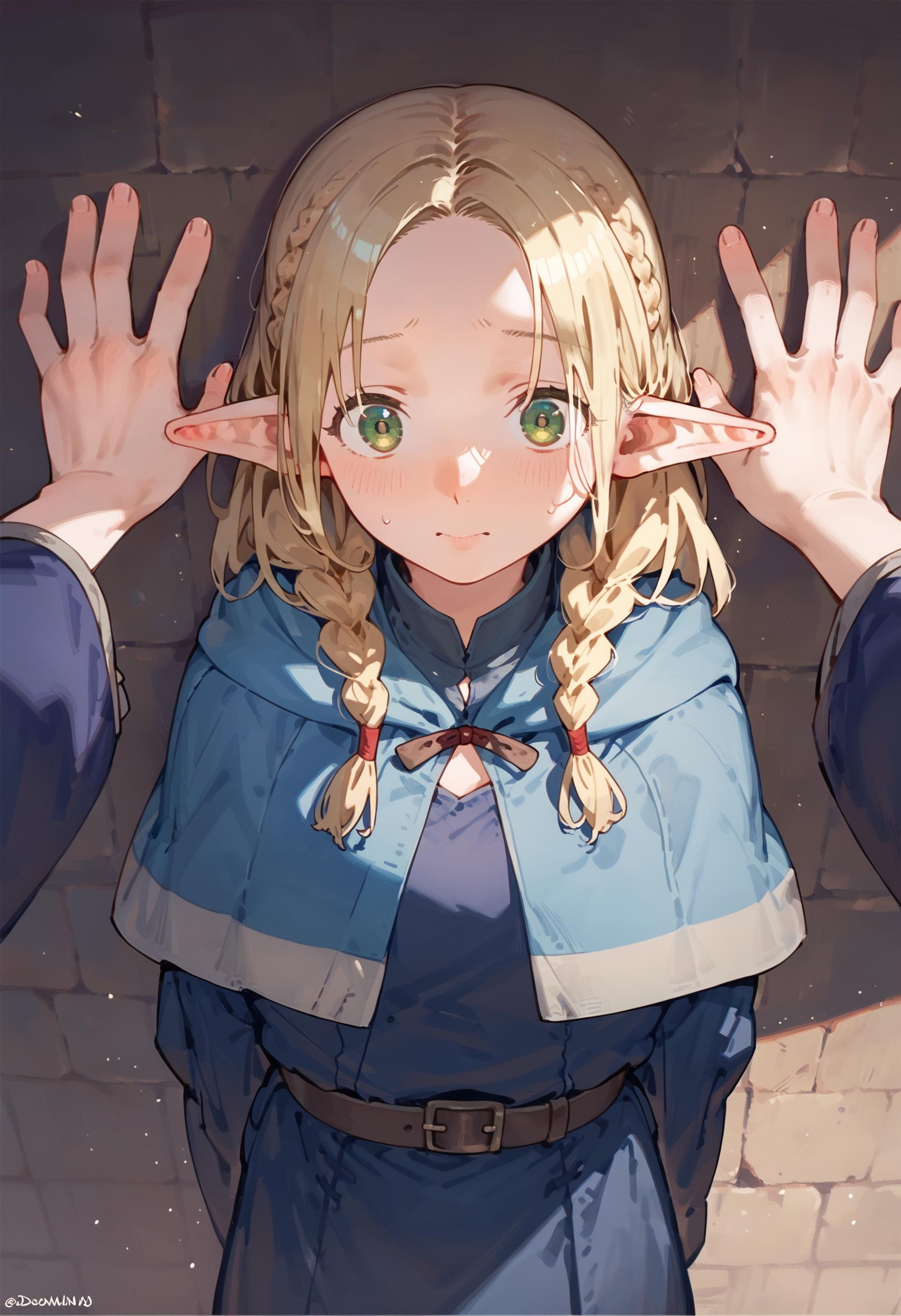 score_9, score_8_up, score_7_up, 2girls, kabedon pov, marcille, blue capelet blue robe belt, french braid twin braids, arms behind back, [:falin:0.3], wide sleeves, blue jacket, shirt, robe<lora:falin_marcille_pony_d16:1><lora:kabedon_pony_2:1>