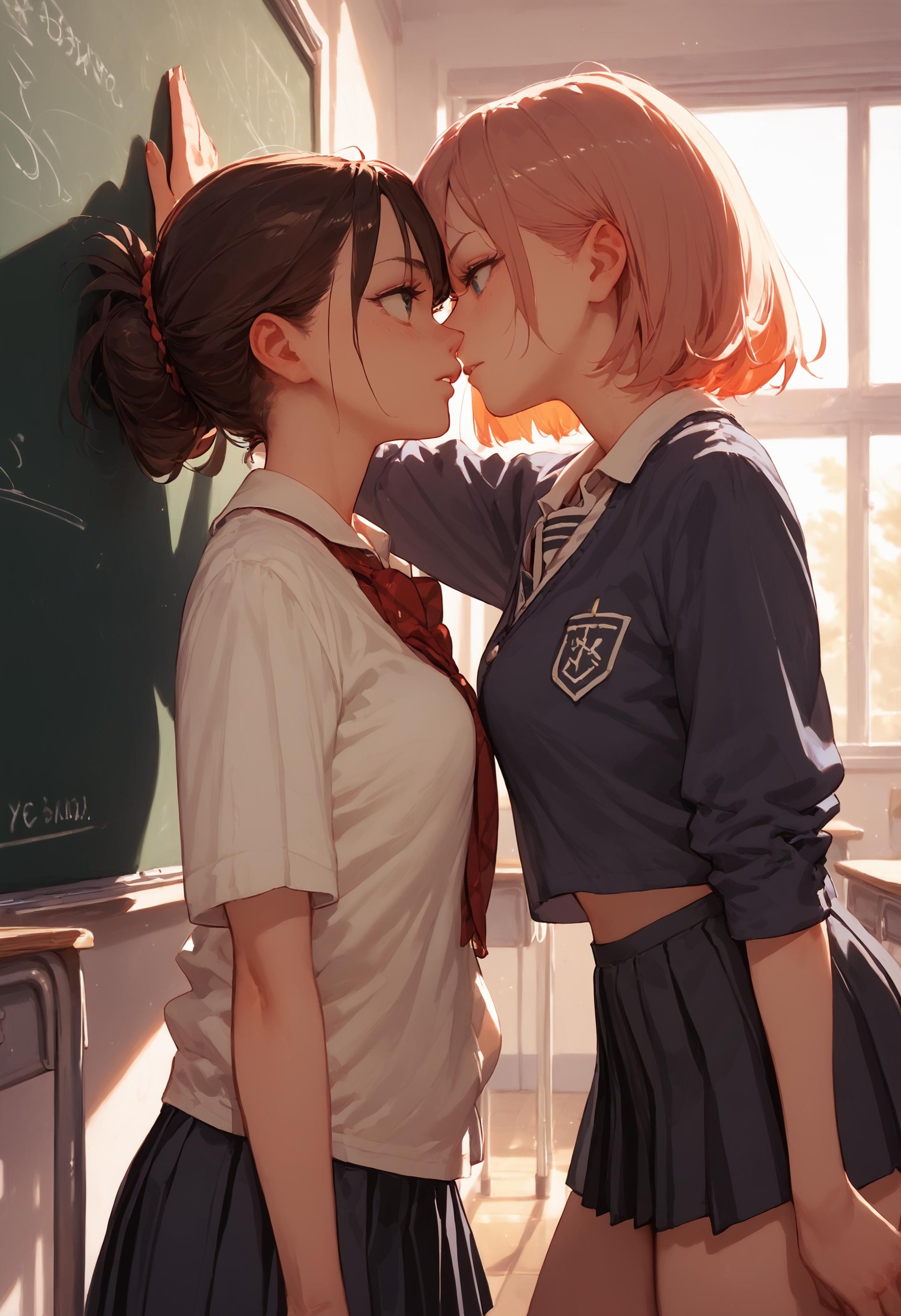 score_9, score_8_up, score_7_up, 2girls, kabedon from side, [kiss::0.2], classroom<lora:kabedon_pony_2:1>