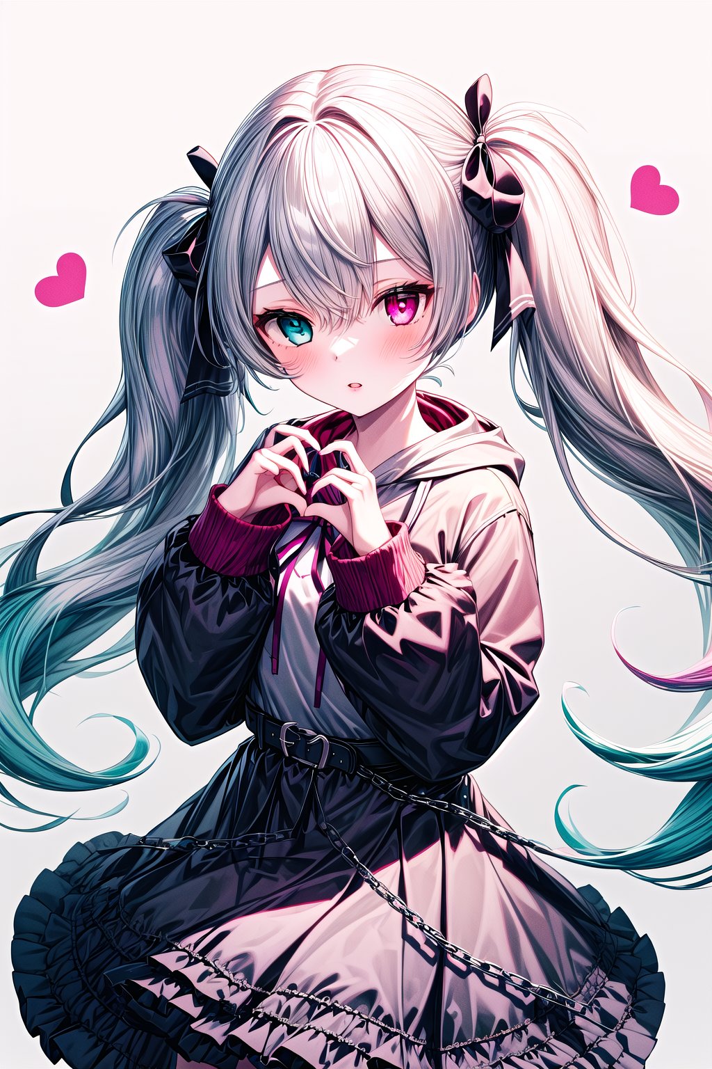 1girl, solo, heterochromia, heart, twintails, heart_hands, hatsune_miku, pink_eyes, skirt, chain, long_hair, ribbon, grey_hair, hood, hair_ribbon, hoodie, frills, white_background, black_skirt, simple_background, blue_eyes, belt, looking_at_viewer, cowboy_shot, very_long_hair, pink_hoodie, long_sleeves, gradient_hair, bangs, multicolored_hair, frilled_skirt, red_ribbon, clothes_writing, hood_down, open_mouth, parted_lips, layered_skirt, hands_up