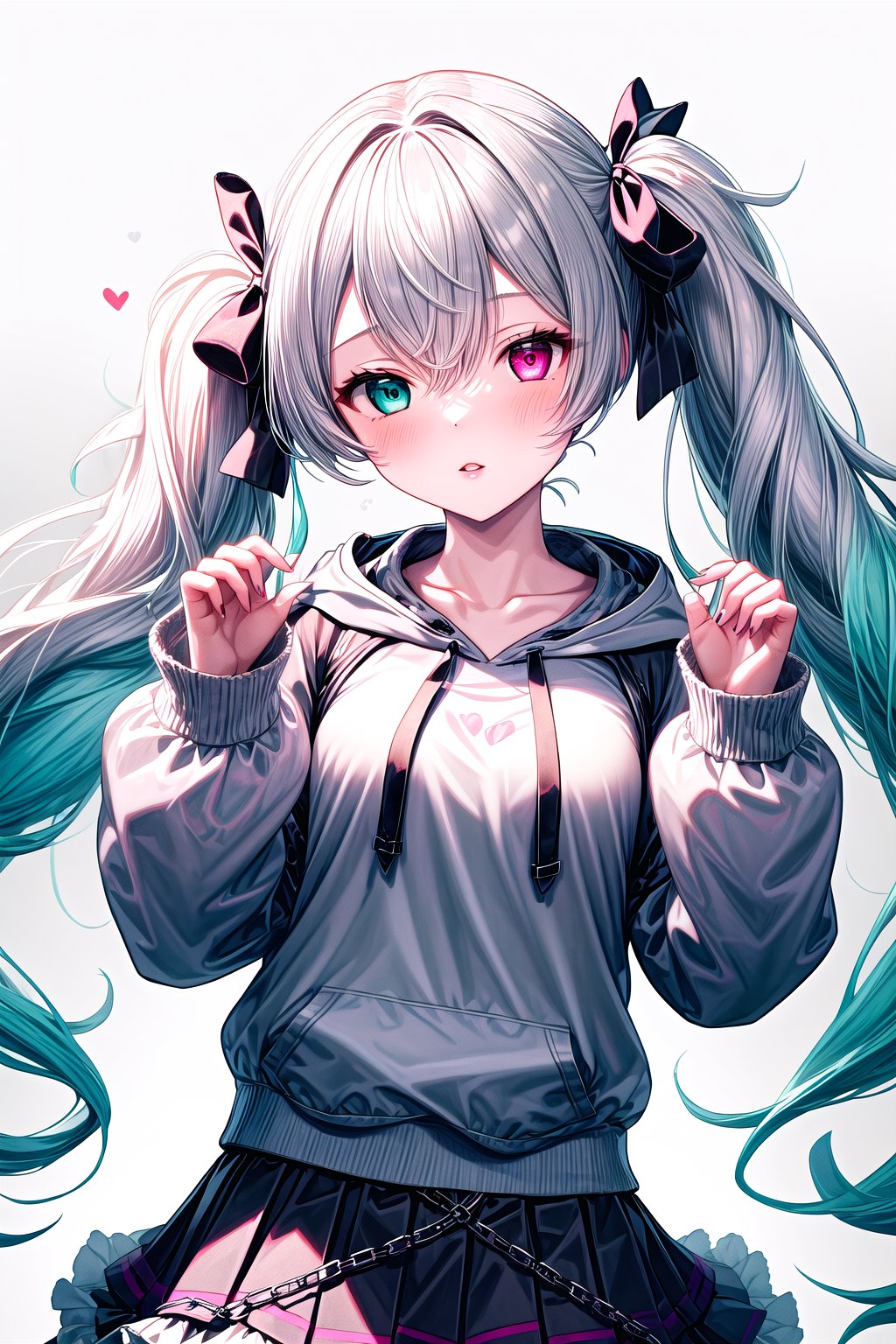 1girl, solo, heterochromia, heart, twintails, heart_hands, hatsune_miku, pink_eyes, skirt, chain, long_hair, ribbon, grey_hair, hood, hair_ribbon, hoodie, frills, white_background, black_skirt, simple_background, blue_eyes, belt, looking_at_viewer, cowboy_shot, very_long_hair, pink_hoodie, long_sleeves, gradient_hair, bangs, multicolored_hair, frilled_skirt, red_ribbon, clothes_writing, hood_down, open_mouth, parted_lips, layered_skirt, hands_up,aqua_eyes,miku_niigo