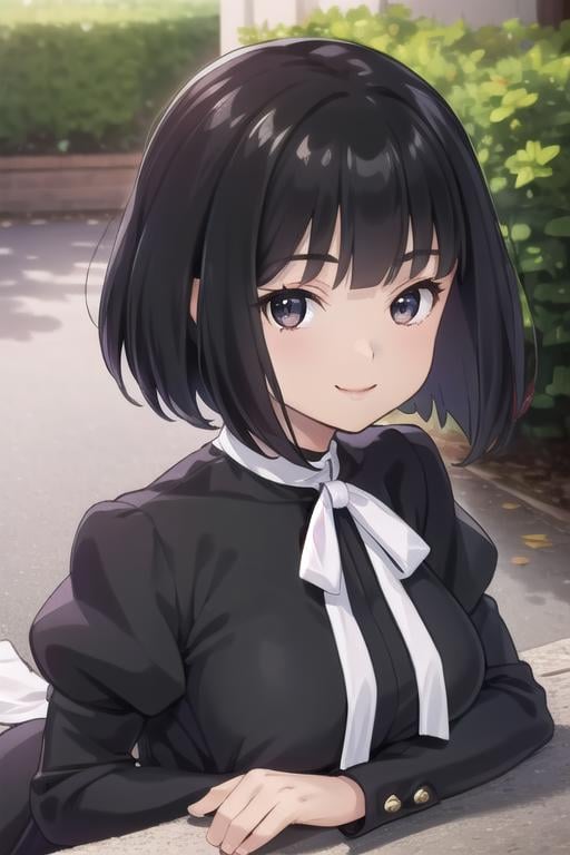 ((masterpiece)),(best quality),official art,extremely delicate and beautiful,extremely detailed CG,unity 8k wallpaper,ultra detailed,beautiful detailed eyes,extremely detailed face,outdoors,1girl,solo,upper body,(portrait:1.5),looking at viewer,facing viewer,smile,Futatsuguri Tamayo,black hair,short hair,bob cut,blunt bangs,black eyes,neck ribbon,white ribbon,white bow,black dress,long dress,medium breasts,juliet sleeves,puffy sleeves,long sleeves,black pantyhose,high heels,black footwear,<lora:Futatsuguri Tamayo(os):0.8>,