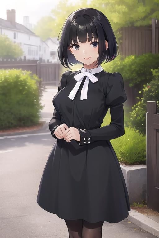 ((masterpiece)),(best quality),official art,extremely delicate and beautiful,extremely detailed CG,unity 8k wallpaper,ultra detailed,beautiful detailed eyes,extremely detailed face,outdoors,1girl,solo,cowboy shot,looking at viewer,facing viewer,smile,Futatsuguri Tamayo,black hair,short hair,bob cut,blunt bangs,black eyes,neck ribbon,white ribbon,white bow,black dress,long dress,medium breasts,juliet sleeves,puffy sleeves,long sleeves,black pantyhose,high heels,black footwear,<lora:Futatsuguri Tamayo(os):0.8>,