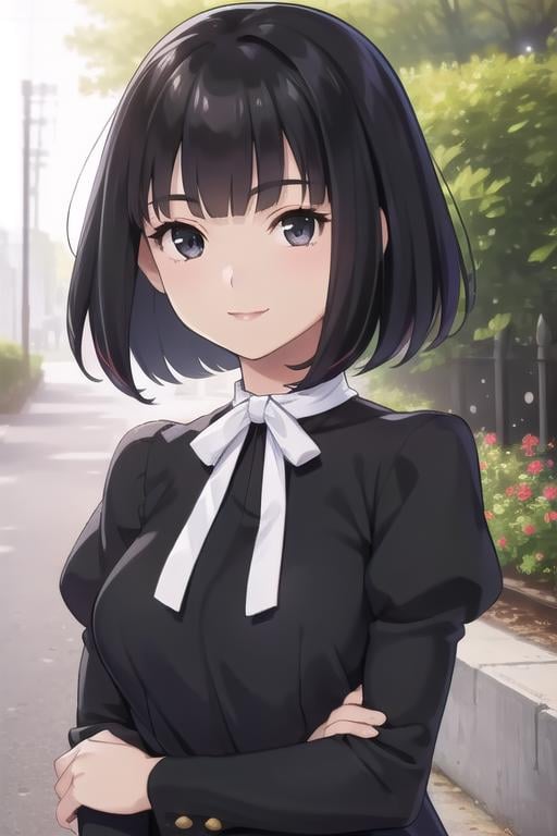 ((masterpiece)),(best quality),official art,extremely delicate and beautiful,extremely detailed CG,unity 8k wallpaper,ultra detailed,beautiful detailed eyes,extremely detailed face,outdoors,1girl,solo,upper body,(portrait:1.5),looking at viewer,facing viewer,smile,Futatsuguri Tamayo,black hair,short hair,bob cut,blunt bangs,black eyes,neck ribbon,white ribbon,white bow,black dress,long dress,medium breasts,juliet sleeves,puffy sleeves,long sleeves,black pantyhose,high heels,black footwear,<lora:Futatsuguri Tamayo(os):0.8>,