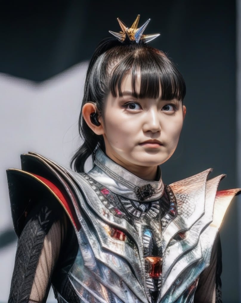 an upperbody close-up realistic shot with ultra detailed photo of sumetal from babymetal wearing white suit armor. black eyes, white background. hyper realistic photo, UHD quality. hyper realistic photo, UHD quality., focus,more detail XL., ,suzuka,bm