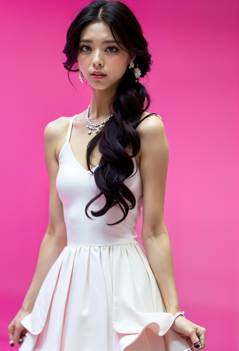 , (realistic), (hyperrealism), (photorealistic:1.4), 1girl, black hair, dress, hair ornament, lips, looking at viewer, makeup, (pink background:1.2), realistic, ribbon, sleeveless, solo, standing, white dress, <lora:Yuna_V2:1> Yun@,