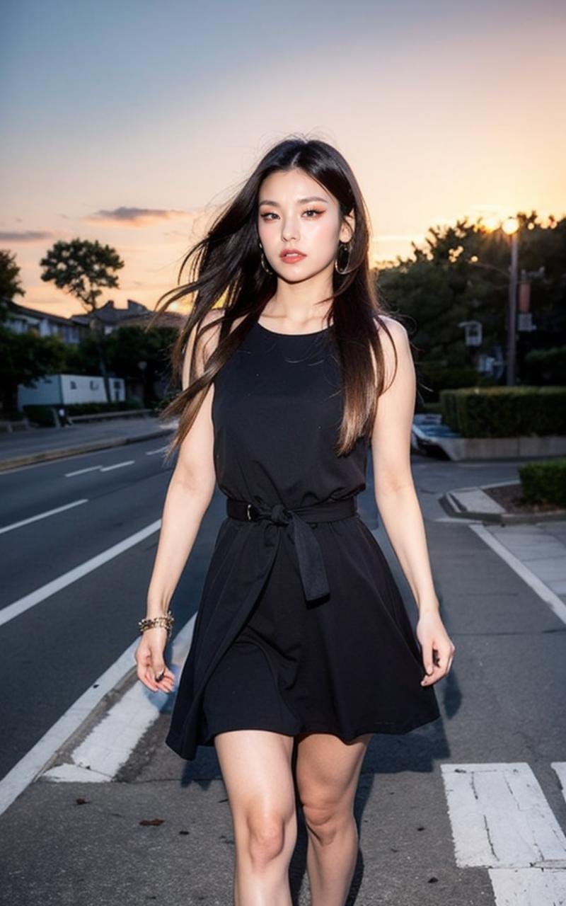 <lora:Yeji_V2:1> Y€j!,, (realistic), (hyperrealism), (photorealistic:1.4), 1girl, looking at the viewer, eye makeup, detailed eyes, detailed face, (Full body:1.2), detailed background, black dress, walking at the streets, sunset, (windy:1.2)