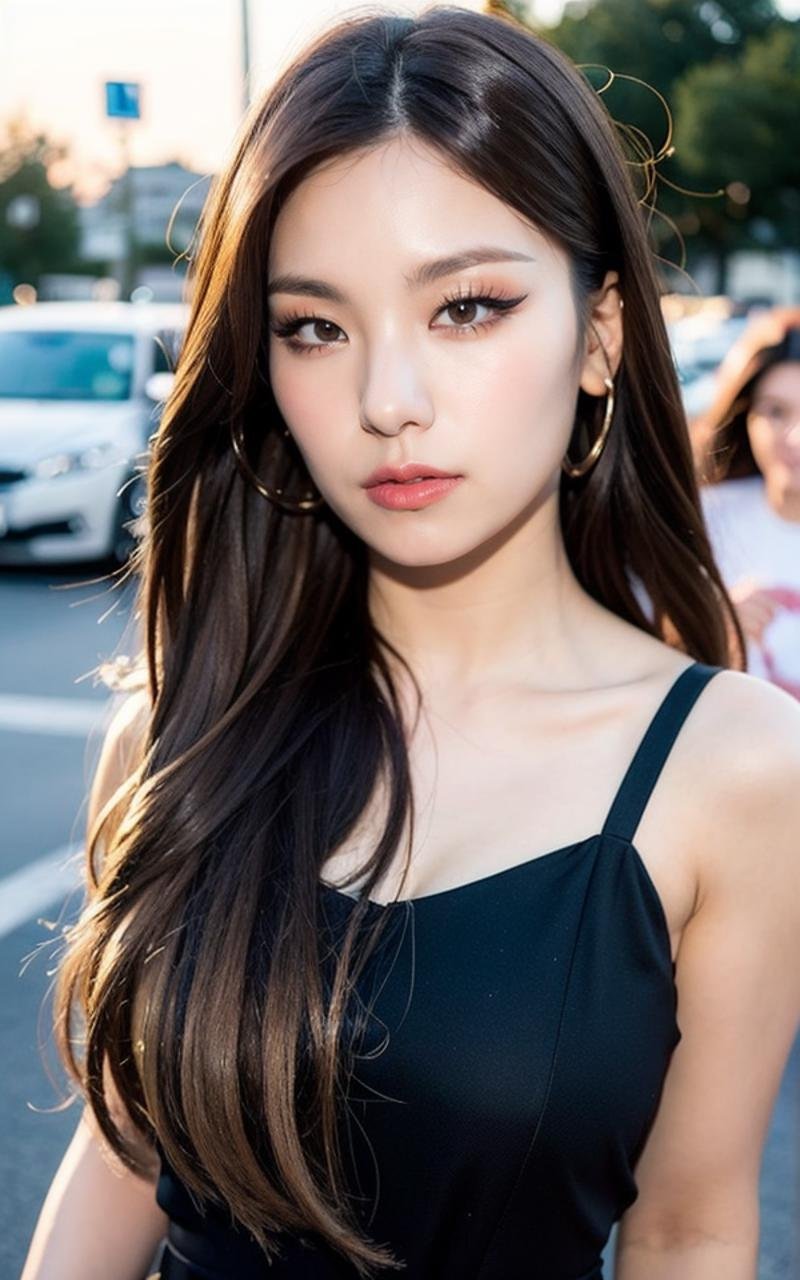 <lora:Yeji_V2:1> Y€j!,, (realistic), (hyperrealism), (photorealistic:1.4), 1girl, looking at the viewer, eye makeup, detailed eyes, detailed face, (upper body:1.2), detailed background, black dress, walking at the streets, sunset, (windy:1.2)