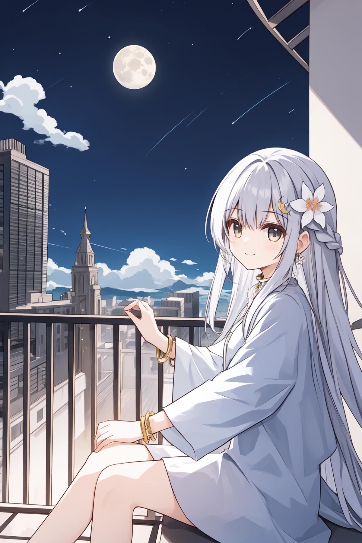 1girl, architecture, bracelet, braid, earrings, flower, hair_flower, hair_ornament, jewelry, long_hair, moon, outstretched_arm, sitting, sky, smile, solo, very_long_hair,<lora:简单呆-000030:0.5>,