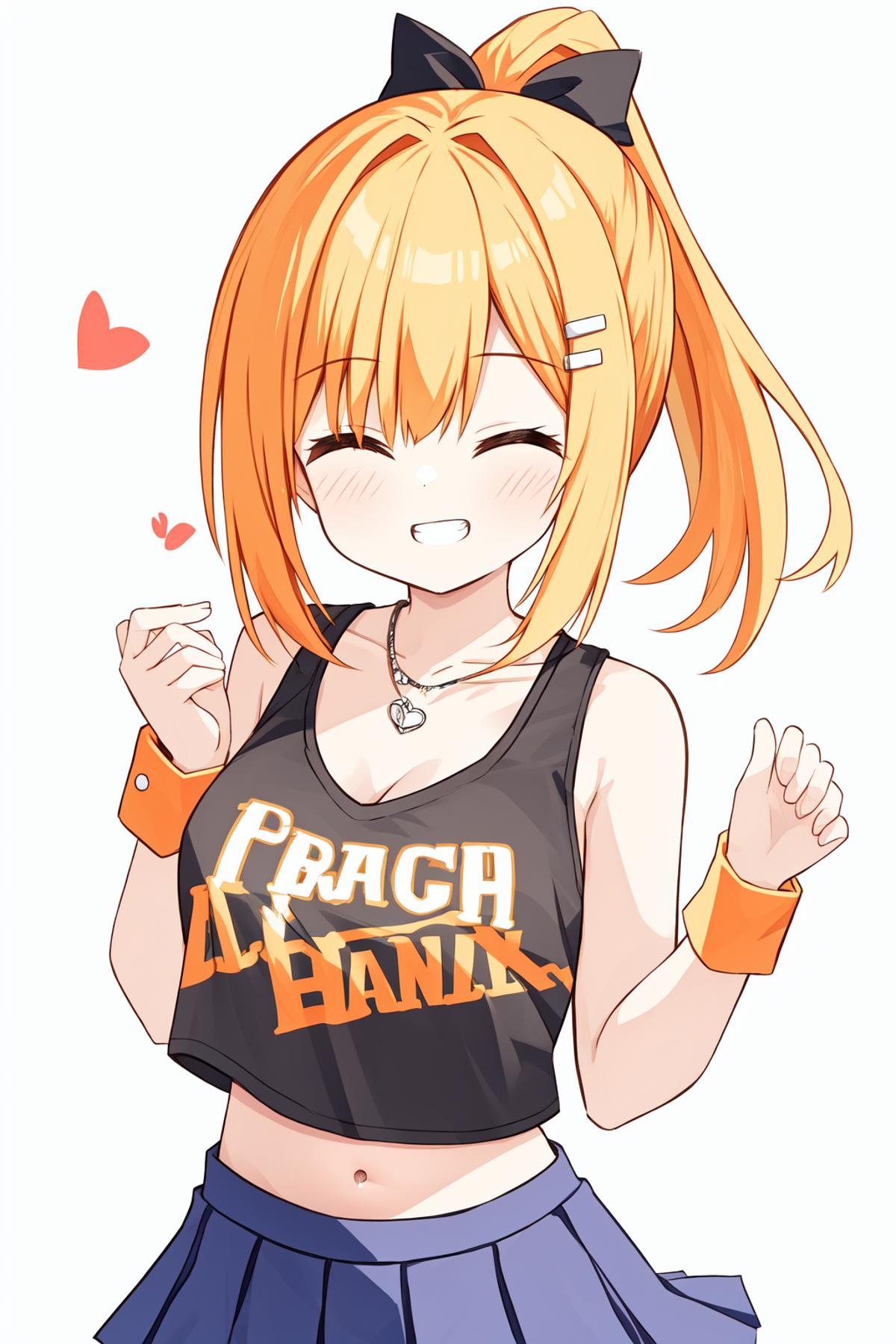 1girl, solo, hairclip, braid, orange_nails, navel, sidelocks, smile, orange_skirt, bangs, blonde_hair, heart_necklace, necklace, hair_ornament, closed_eyes, collarbone, heart, grin, skirt, jewelry, midriff, blush, crop_top, tank_top, upper_body, ponytail, facing_viewer, cheerleader, wristband, bare_shoulders, double_v, pleated_skirt, ^_^, v, bow, wrist_cuffs, breasts, miniskirt, side_braid, hair_bow, teeth, hands_up, nail_polish, french_braid, off_shoulder, shirt, pendant, orange_shirt, hair_between_eyes, fingernails, pom_pom_\(cheerleading\), sleeveless,<lora:简单呆-000030:0.6>,