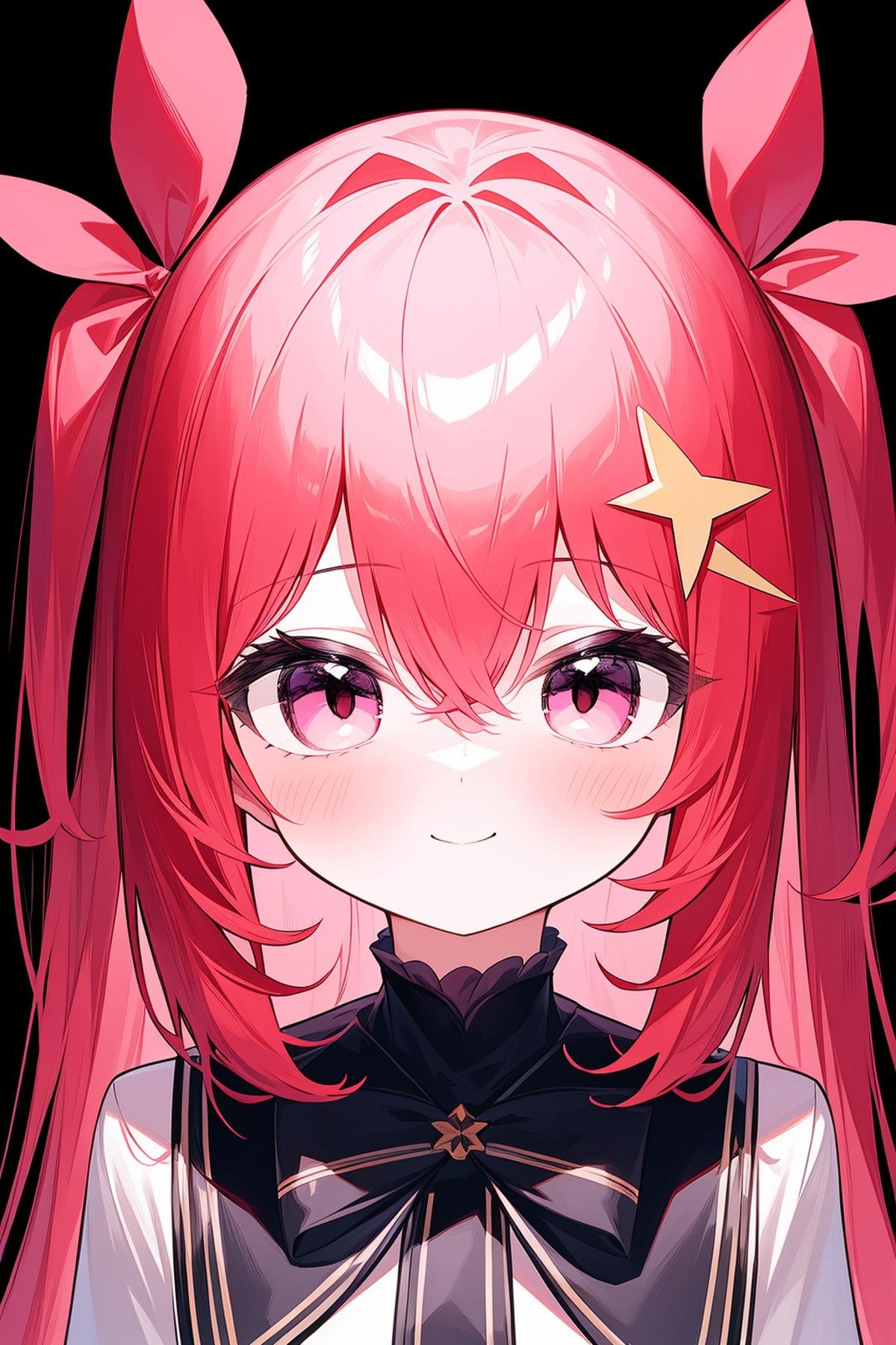 1girl,bangs,black_bow,eyebrows_visible_through_hair,frills,hair_between_eyes,hair_intakes,hair_ornament,long_hair,looking_at_viewer,pink_hair,ribbon,simple_background,smile,solo,virtual_youtuber,white_background,<lora:极光:0.5>,