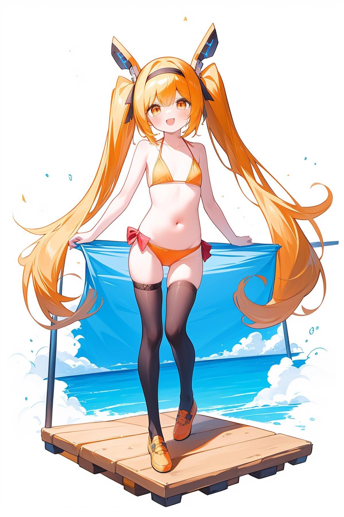 1girl, aircraft, bikini, breasts, full_body, headgear, long_hair, looking_at_viewer, mecha_musume, navel, open_mouth, orange_bikini, orange_eyes, orange_footwear, orange_legwear, see-through, smile, solo, standing, swimsuit, thighhighs, twintails, very_long_hair, white_background,<lora:极光:0.5>,