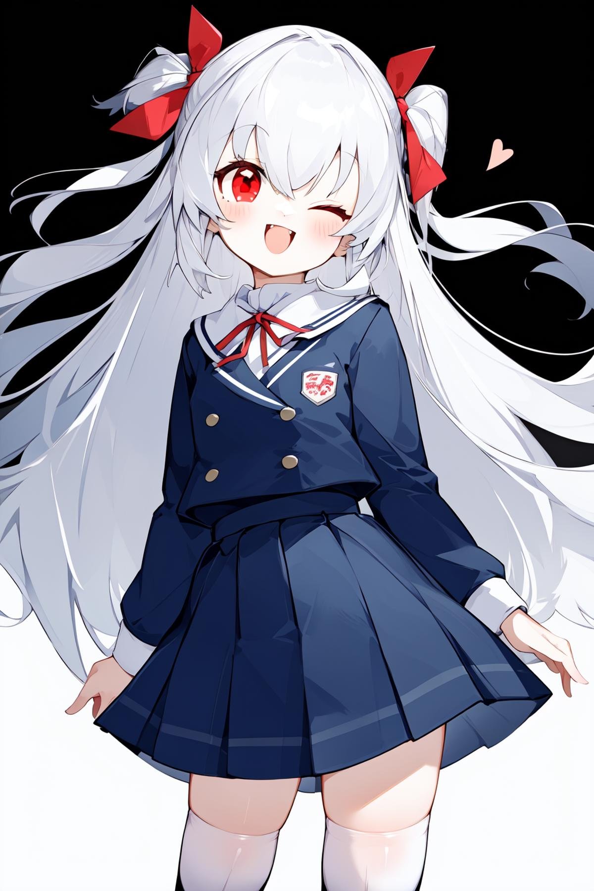 best quality, amazing quality, very aesthetic, absurdres,1girl, one_eye_closed, solo, thighhighs, red_eyes, skirt, open_mouth, heart, blush, smile, ;d, school_uniform, zettai_ryouiki, white_background, two_side_up, looking_at_viewer, long_hair, simple_background, hair_ornament, grey_thighhighs, ribbon, white_hair, pleated_skirt, hair_ribbon, fang,<lora:酥脆滋滋:0.7>,