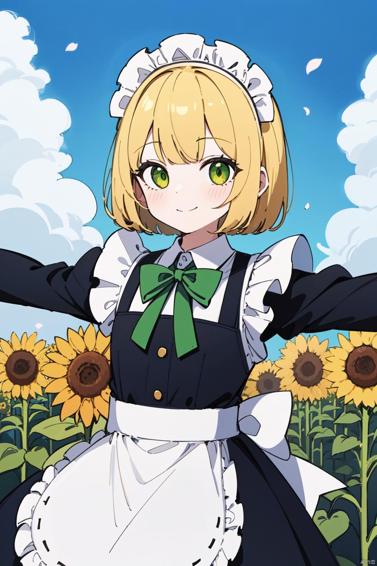 1girl, flower, sunflower, solo, blonde_hair, maid_headdress, outdoors, maid, short_hair, smile, petals, sky, apron, day, long_sleeves, cloud, looking_at_viewer, maid_apron, yellow_eyes, dress, green_eyes, ribbon, bow, outstretched_arms, green_bow, blue_sky, bangs, juliet_sleeves, black_dress, paper_airplane, puffy_sleeves<lora:EMS-353690-EMS:0.600000>