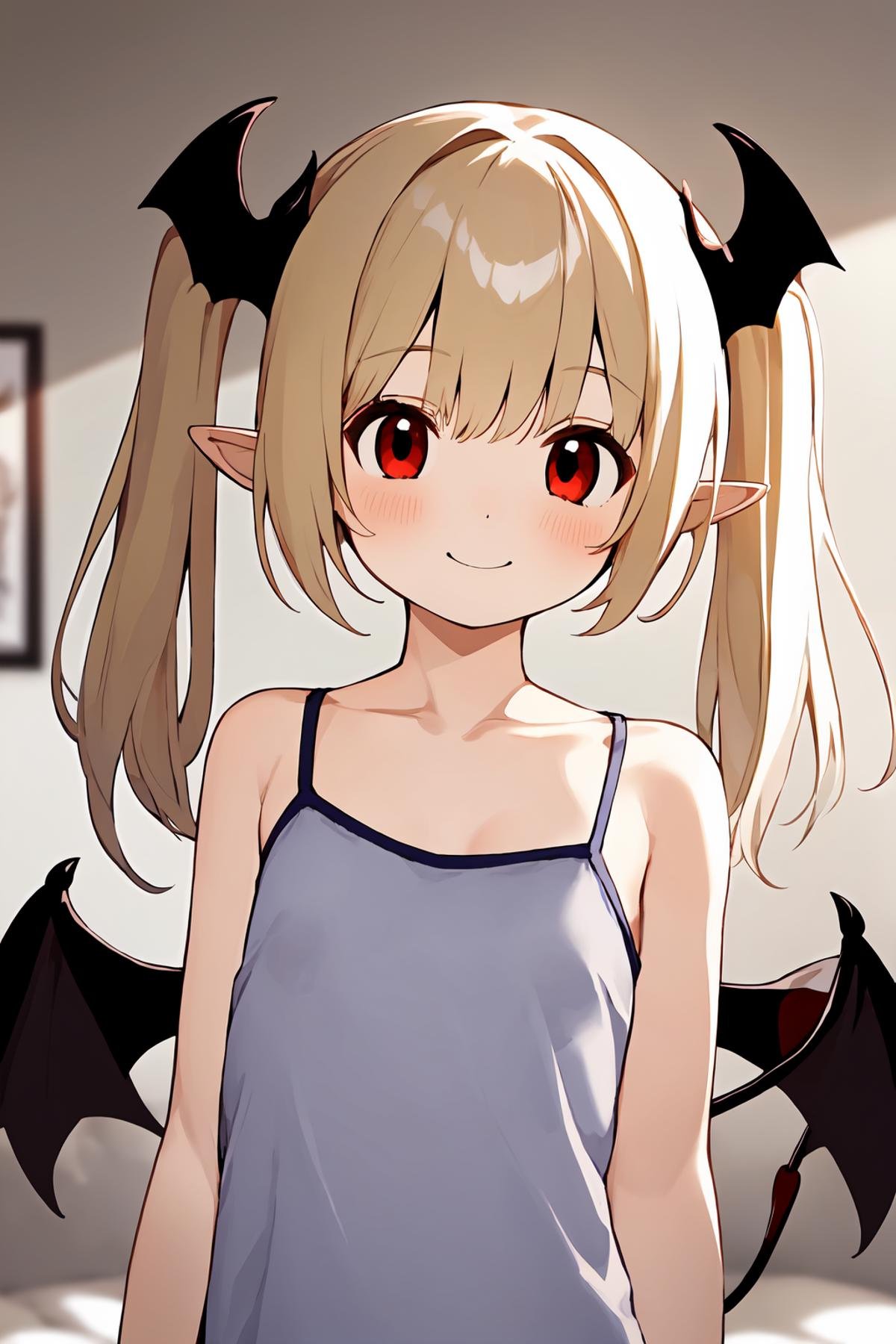 strap_slip, blue_eyes, breasts, pointy_ears, small_breasts, hair_ornament, blush, tail, blonde_hair, demon_tail, long_hair, two_side_up, collarbone, closed_mouth, red_eyes, looking_at_viewer, bare_shoulders, bangs, demon_girl, bat_hair_ornament, camisole, blurry_background, striped, smile, upper_body, wing_hair_ornament, white_hair, blurry, black_camisole, twintails,<lora:有点厚的平-000030:0.5>,