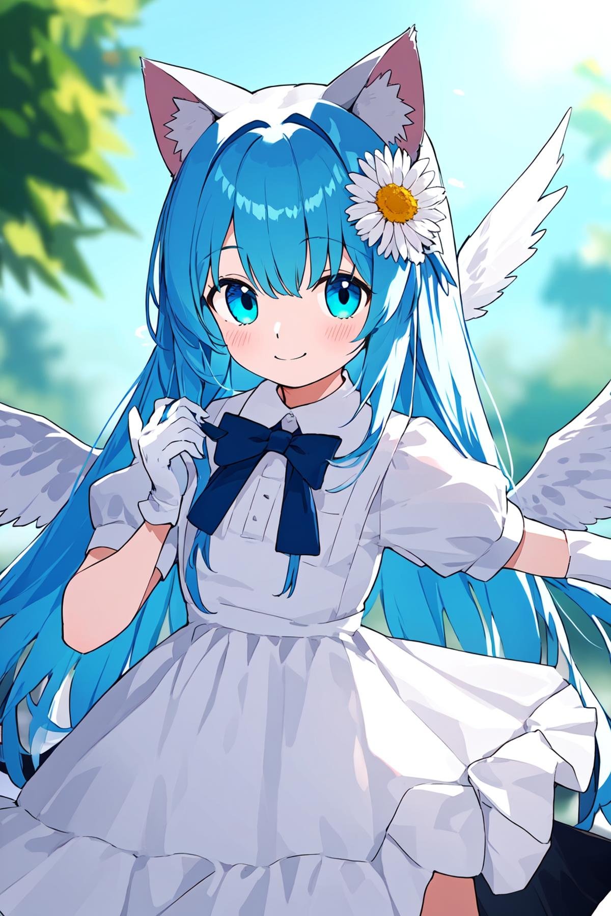 long hair, 1girl, solo, white_wings, white_gloves, gloves, short_sleeves, wings, puffy_short_sleeves, puffy_sleeves, smile, long_hair, closed_mouth, feathered_wings, bow, blue_eyes, hair_ornament, blue_hair, animal_ears, bangs, cat_ears, flower, white_flower, white_shirt, blush, very_long_hair, hand_up, looking_at_viewer, blurry, dress, shirt, blurry_background, blue_bow, hair_flower, hair_bow, white_dress, white_bow, depth_of_field, feathers, white_feathers, frills,<lora:有点厚的平-000030:0.6>,