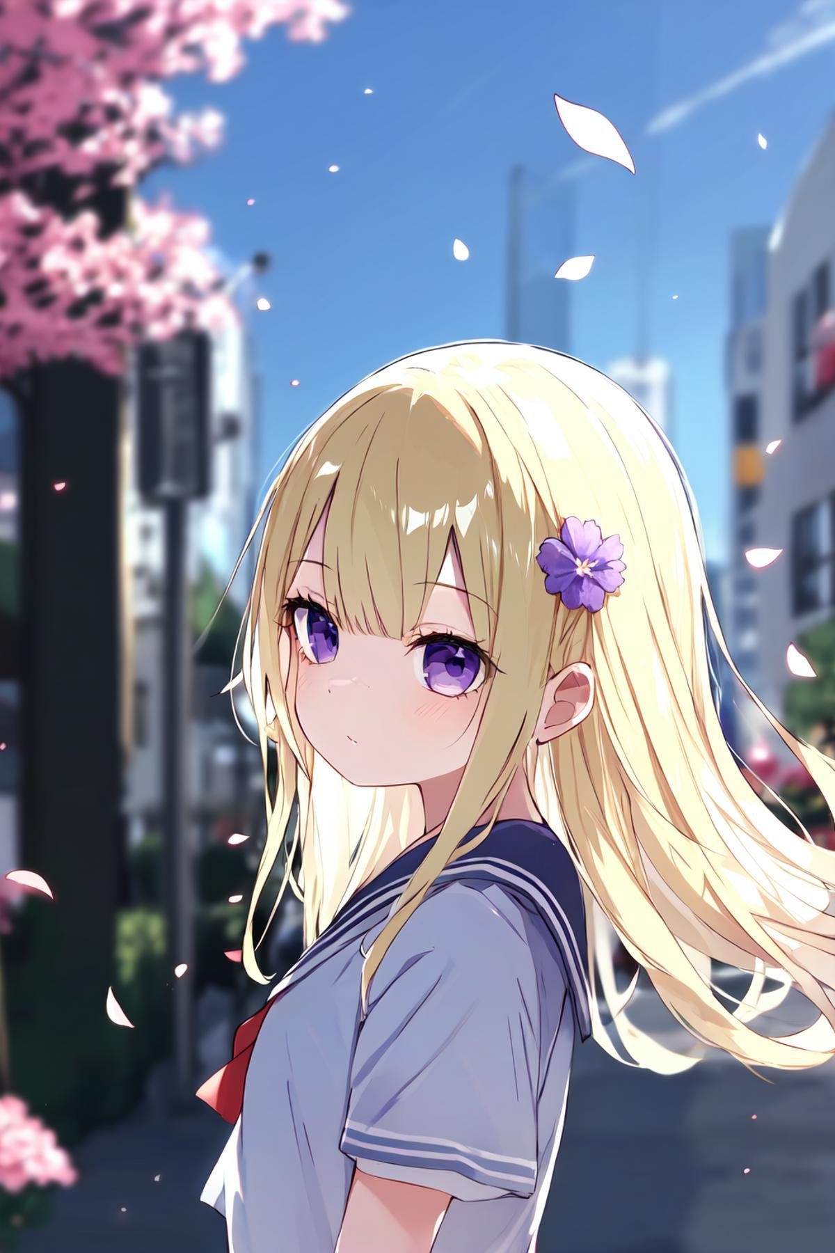 1girl,long hair,blonde hair,purple eyes,sailor,blurry,blurry_foreground,falling petals,landscape,from_side,bust,street,<lora:叹息神﷿-000030:0.6>,