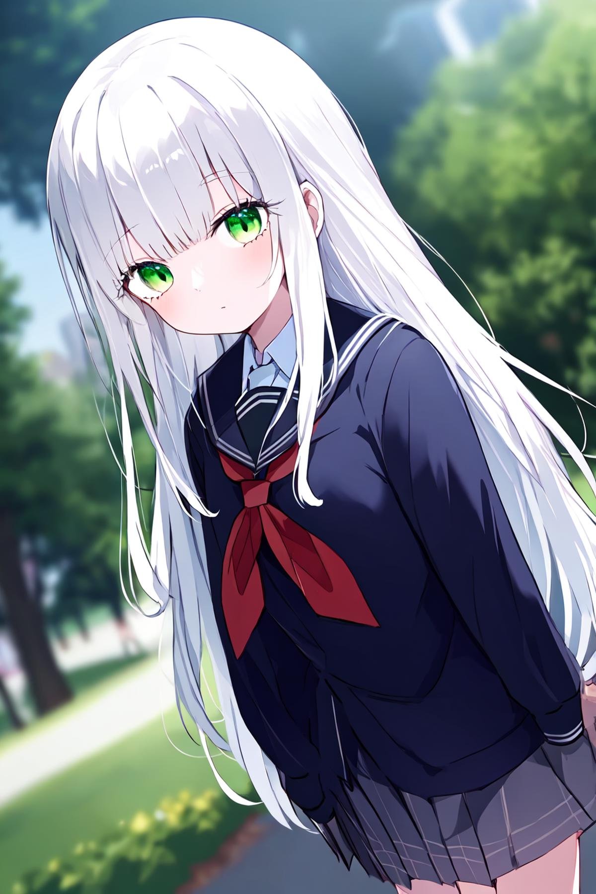 1girl,long hair,white hair,green eyes,school_uniform,blurry,blurry_foreground,feathers,panorama,cinematic_angle,full_shot,park,<lora:叹息神﷿-000030:0.6>,