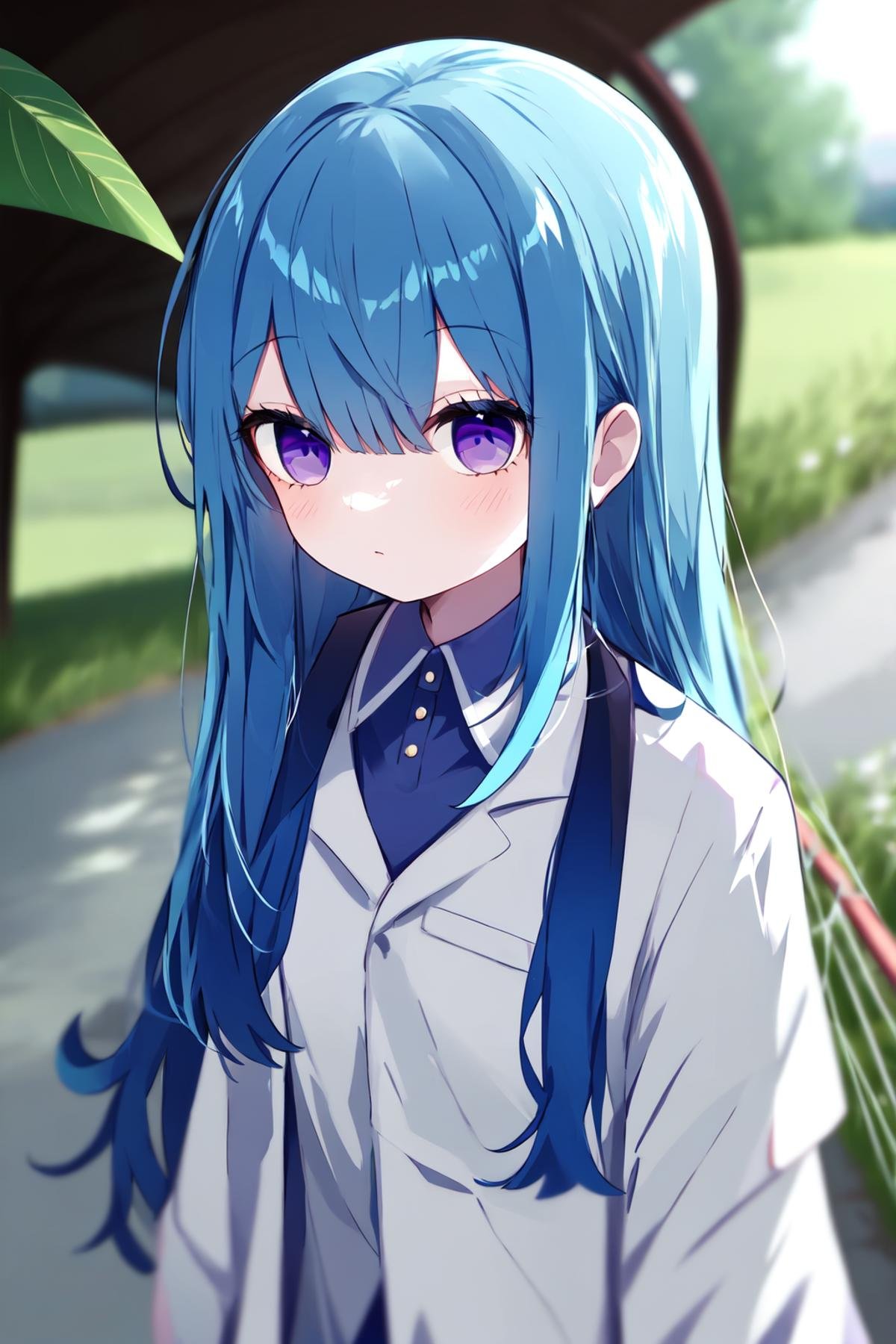 1girl,long hair,blue hair,purple eyes,labcoat,blurry,blurry_foreground,blurry_leaf,medium_shot,from_above,upper_body,under_bridge,<lora:叹息神﷿-000030:0.6>,