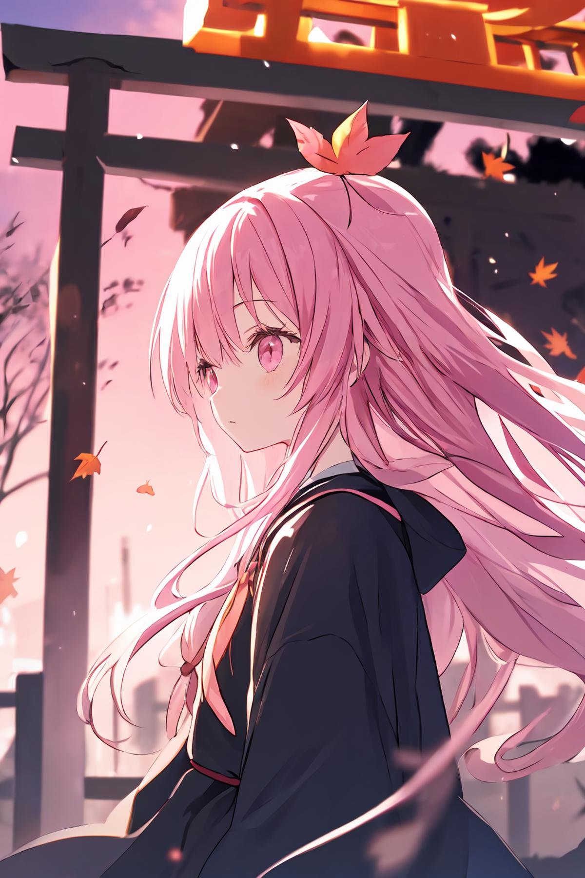 1girl,long hair,straight_hair,pink eyes,city_lights,blurry,blurry_foreground,blurry_leaf,medium_shot,from_side,upper_body,torii,<lora:青调秋狂-000020:0.5>,