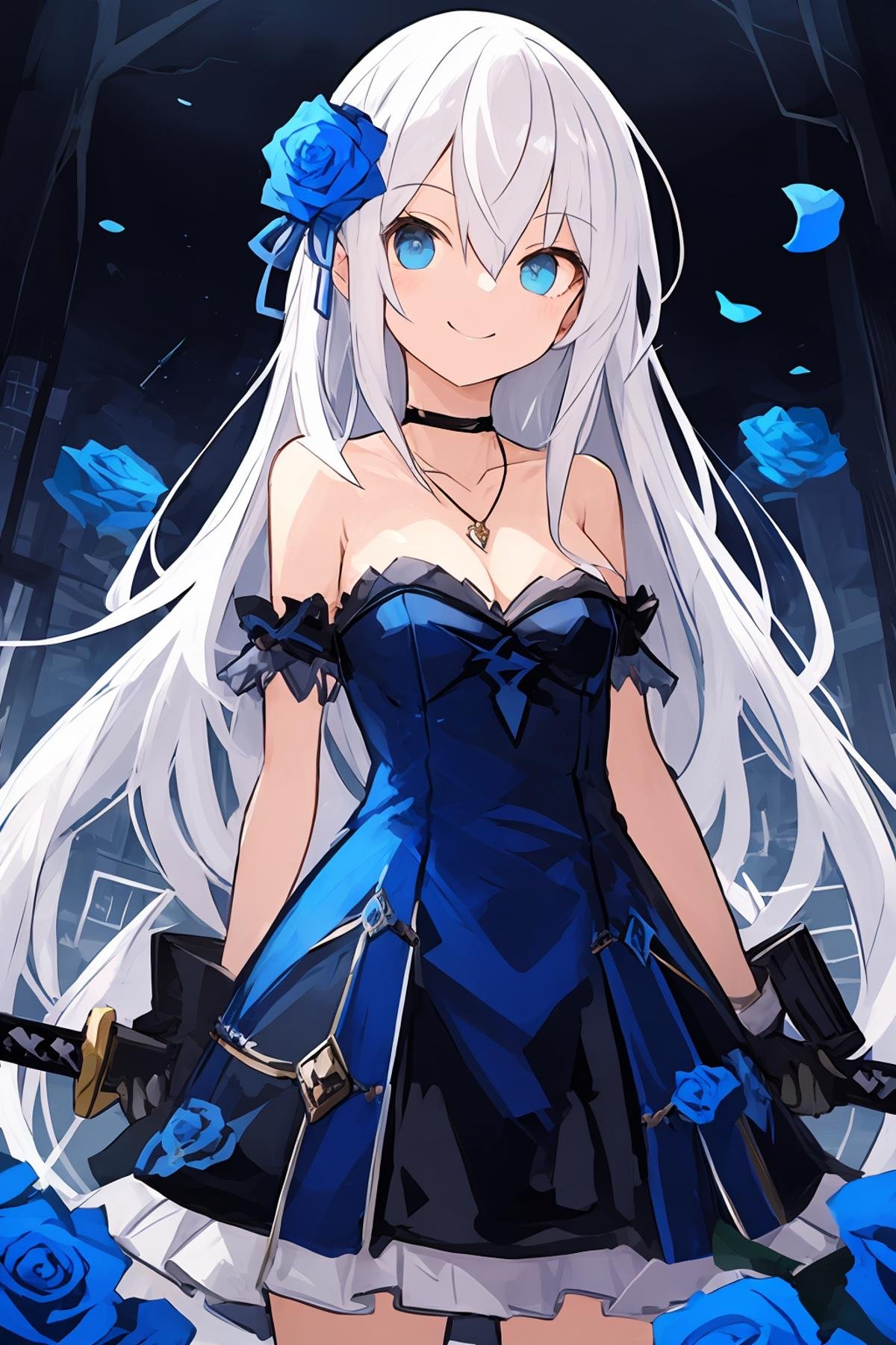 1girl, dress, blue_flower, gloves, solo, hair_ornament, flower, long_hair, choker, blue_rose, elbow_gloves, sword, breasts, hair_flower, blue_eyes, black_choker, weapon, smile, blue_dress, black_gloves, bare_shoulders, bangs, cleavage, rose, jewelry, standing, pendant, hair_between_eyes, white_hair, medium_breasts, very_long_hair, strapless, necklace, closed_mouth, holding_sword, collarbone, long_dress, strapless_dress, black_dress, holding, hand_on_hilt, holding_weapon,<lora:Pretty tree pretty light:0.6>,