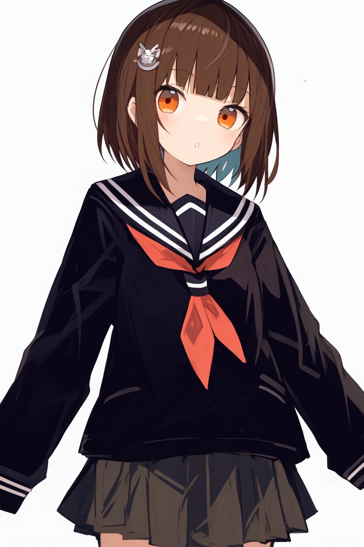 solo,1girl,sleeves past wrists,school uniform,sleeves past fingers,skirt,simple background,bangs,hair ornament,serafuku,white background,short hair,parted lips,pleated skirt,long sleeves,muted color,neckerchief,brown hair,sailor collar,black skirt,blunt bangs,cowboy shot,orange eyes,black sailor collar,looking at viewer,<lora:Pretty tree pretty light:0.6>,