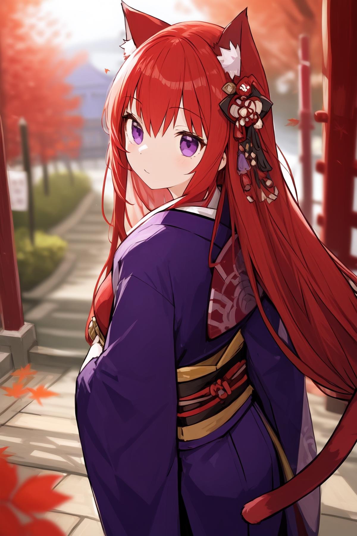 1girl,long hair,red hair,purple eyes,japanese_clothes,blurry,blurry_foreground,blurry_leaf,medium_shot,from_back,landscape,cat ears,<lora:Pretty tree pretty light:0.5>,