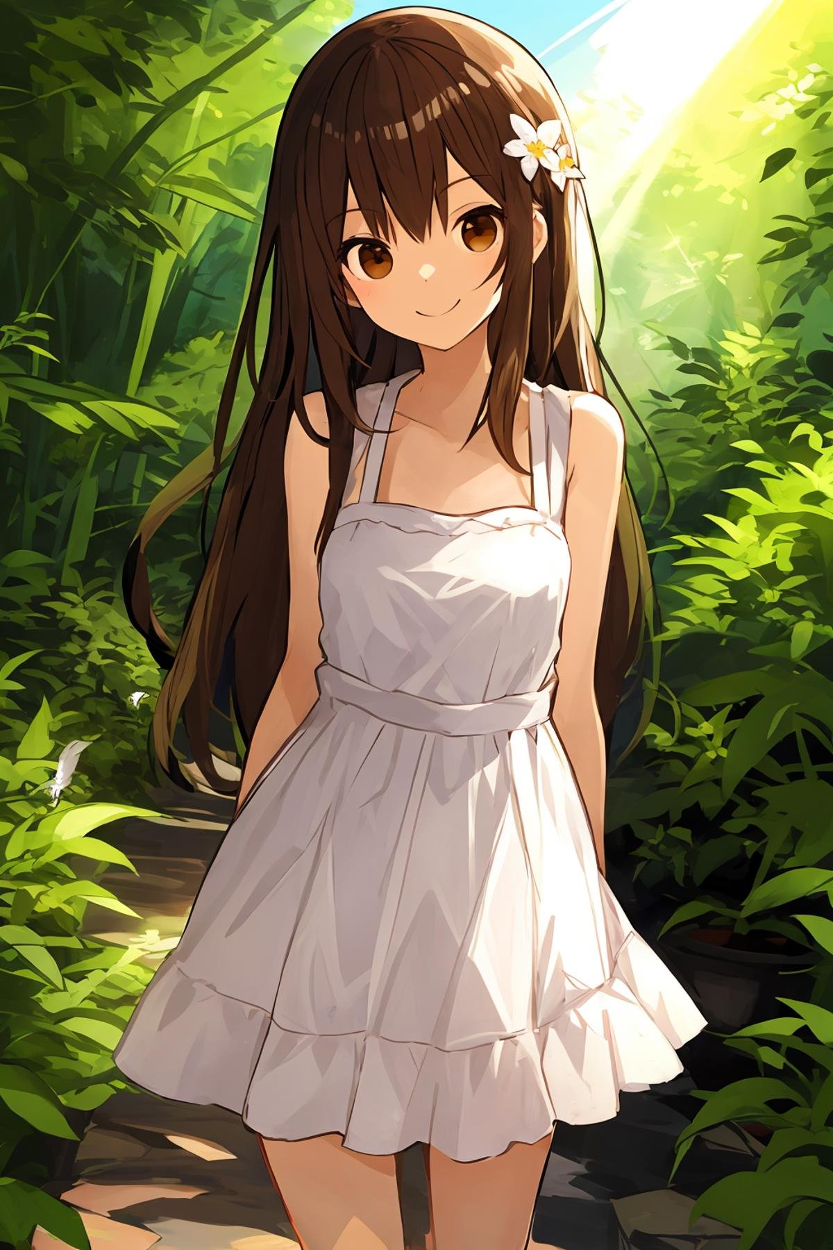 1girl, dress, long hair, bird, white dress, brown hair, solo, outdoors, brown eyes, sleeveless, looking at viewer, arms behind back, sleeveless dress, bangs, standing, plant, sundress, smile, flower, closed mouth, sunlight, bare shoulders,<lora:林立音浪-000030:0.6>,