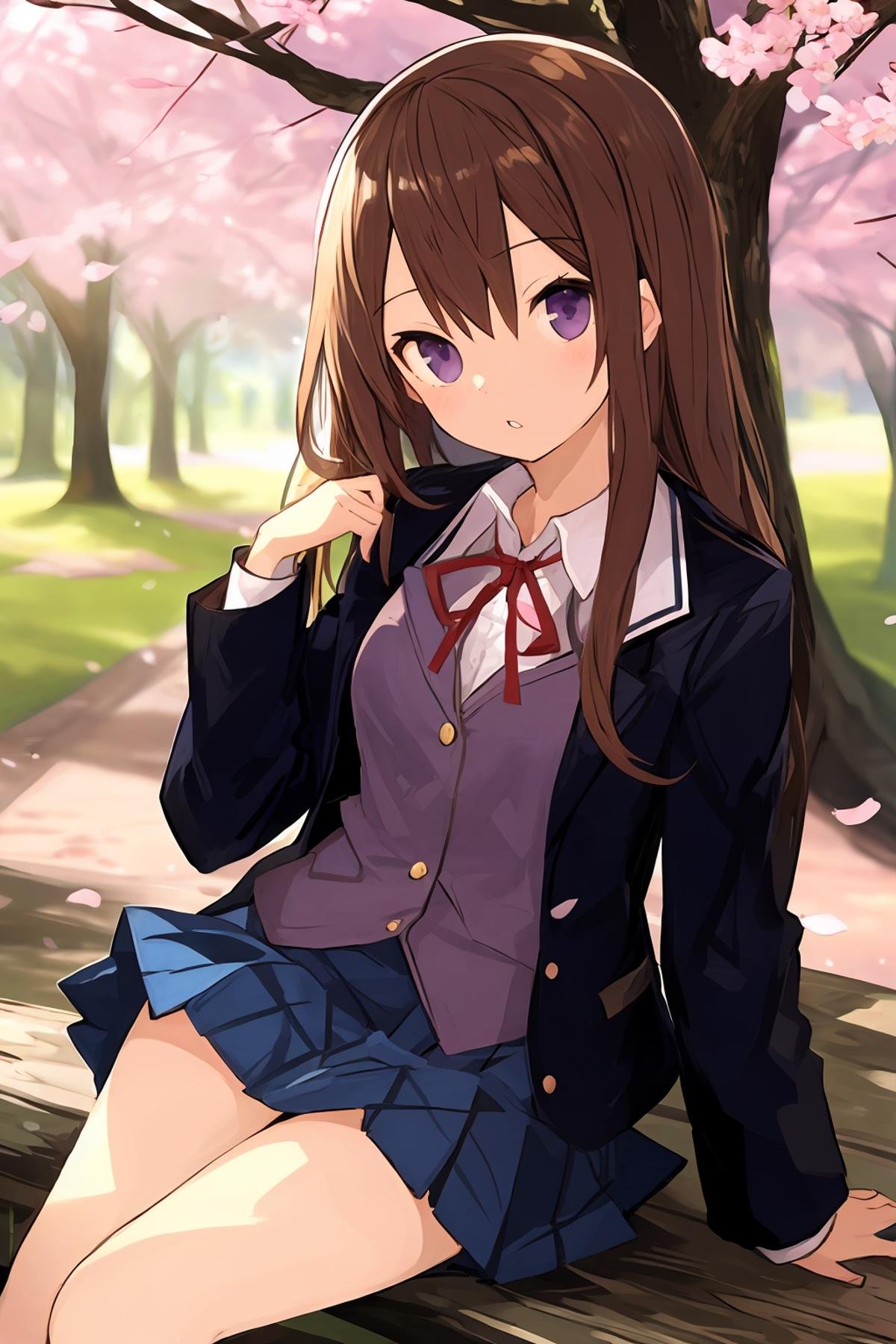 1girl, solo, cherry_blossoms, skirt, long_hair, shirt, tree, school_uniform, jacket, looking_at_viewer, brown_hair, ribbon, white_shirt, pleated_skirt, petals, sitting, purple_eyes, bangs, outdoors, collared_shirt, long_sleeves, parted_lips, breasts, neck_ribbon, in_tree, open_clothes, flower, blurry, blurry_background, open_jacket, black_jacket, medium_breasts, blazer, blue_skirt, branch, sitting_in_tree,<lora:林立音浪-000030:0.6>,