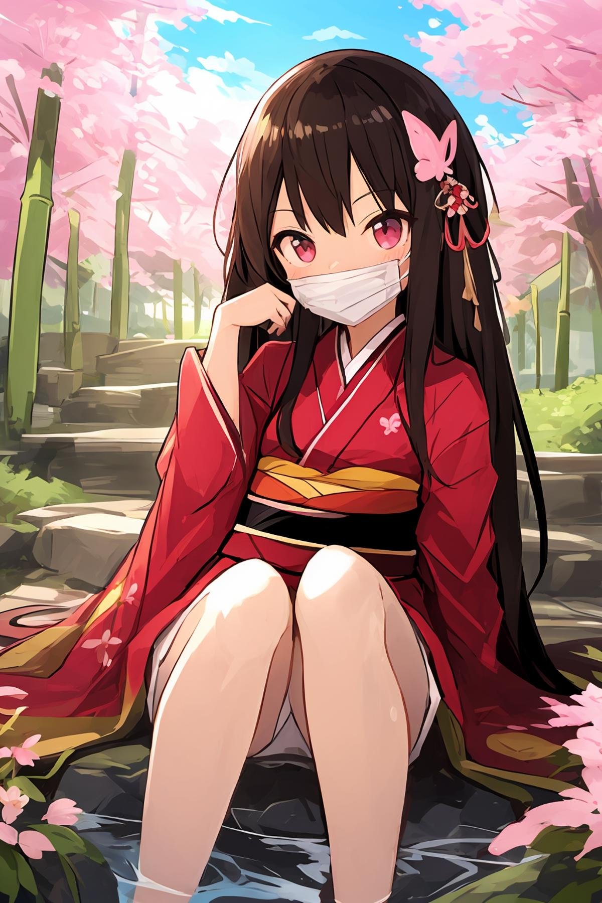 1girl, gag, pink_kimono, solo, bit_gag, kamado_nezuko, japanese_clothes, kimono, long_hair, ribbon, bug, butterfly, hair_ribbon, soaking_feet, looking_at_viewer, sitting, bamboo, water, sash, obi, multicolored_hair, petals, forehead, gagged, pink_ribbon, long_sleeves, checkered_sash, very_long_hair, cup, mouth_hold, pink_eyes, black_hair, brown_hair, gradient_hair, day, haori, blush, open_clothes, wind_chime, bangs, blue_butterfly, hand_up, wide_sleeves, outdoors, parted_bangs, animal, cherry_blossoms, pink_flower, bare_legs,<lora:Pretty tree pretty light:0.6>,