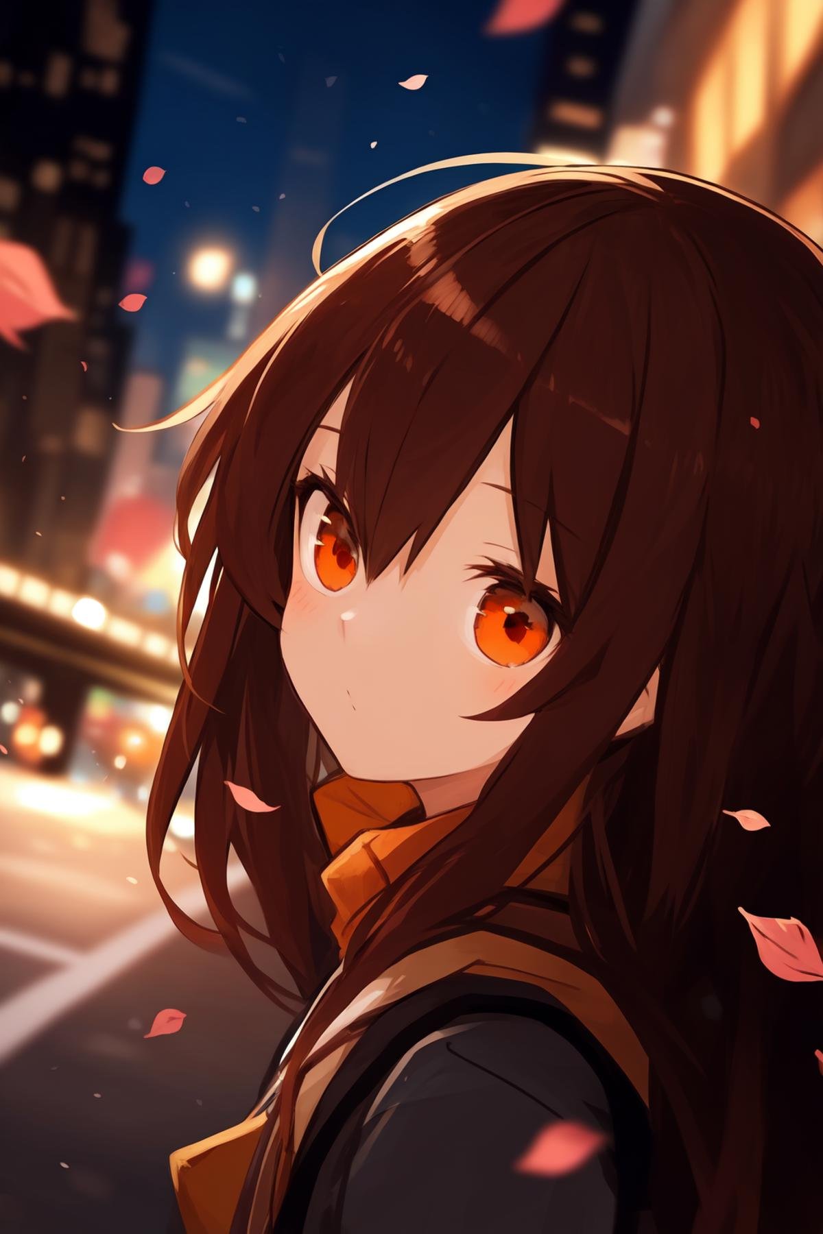 1girl,long hair,brown hair,orange eyes,city_lights,blurry,blurry_foreground,falling petals,medium_shot,close-up,full_shot,under_bridge,<lora:Pretty tree pretty light:0.6>,