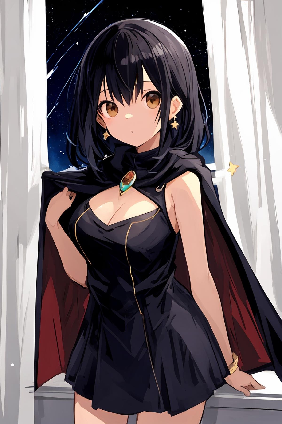 best quality,amazing quality,very aesthetic,petite,1girl,bare_shoulders,black_hair,breasts,brown_eyes,cape,cleavage,constellation,cowboy_shot,curtains,dress,earrings,gem,gold,jewelry,large_breasts,light_particles,long_hair,looking_at_viewer,night,night_sky,shooting_star,sky,solo,space,sparkle,standing,star_\(sky\),starry_sky,starry_sky_print,<lora:Pretty tree pretty light:0.6>,