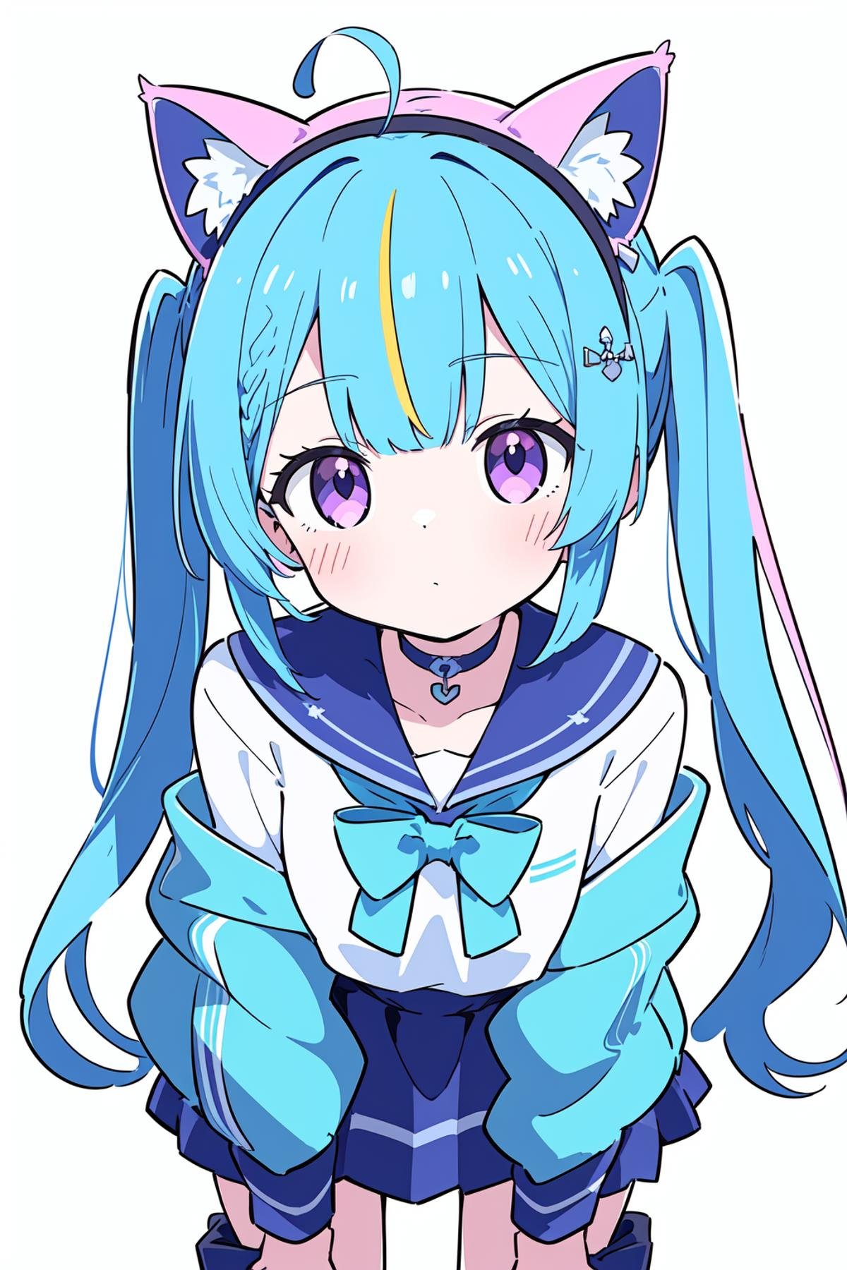 1girl, solo, virtual_youtuber, minato_aqua, long_hair, animal_ears, multicolored_hair, braid, twin_braids, skirt, two-tone_hair, blush, blue_hair, white_background, simple_background, looking_at_viewer, ahoge, animal_ear_fluff, cat_ears, breasts, hairband, pink_hair, anchor_hair_ornament, shirt, hair_ornament, blue_skirt, bow, white_shirt, twintails, bangs, pleated_skirt, jacket, sailor_collar, medium_breasts, open_clothes, cowboy_shot, blue_hairband, short_sleeves, off_shoulder, white_jacket, choker, closed_mouth, long_sleeves, frills, blue_choker, purple_eyes, ribbon_choker, open_jacket, pink_eyes, ribbon, blue_bow, collarbone, leaning_forward, bowtie