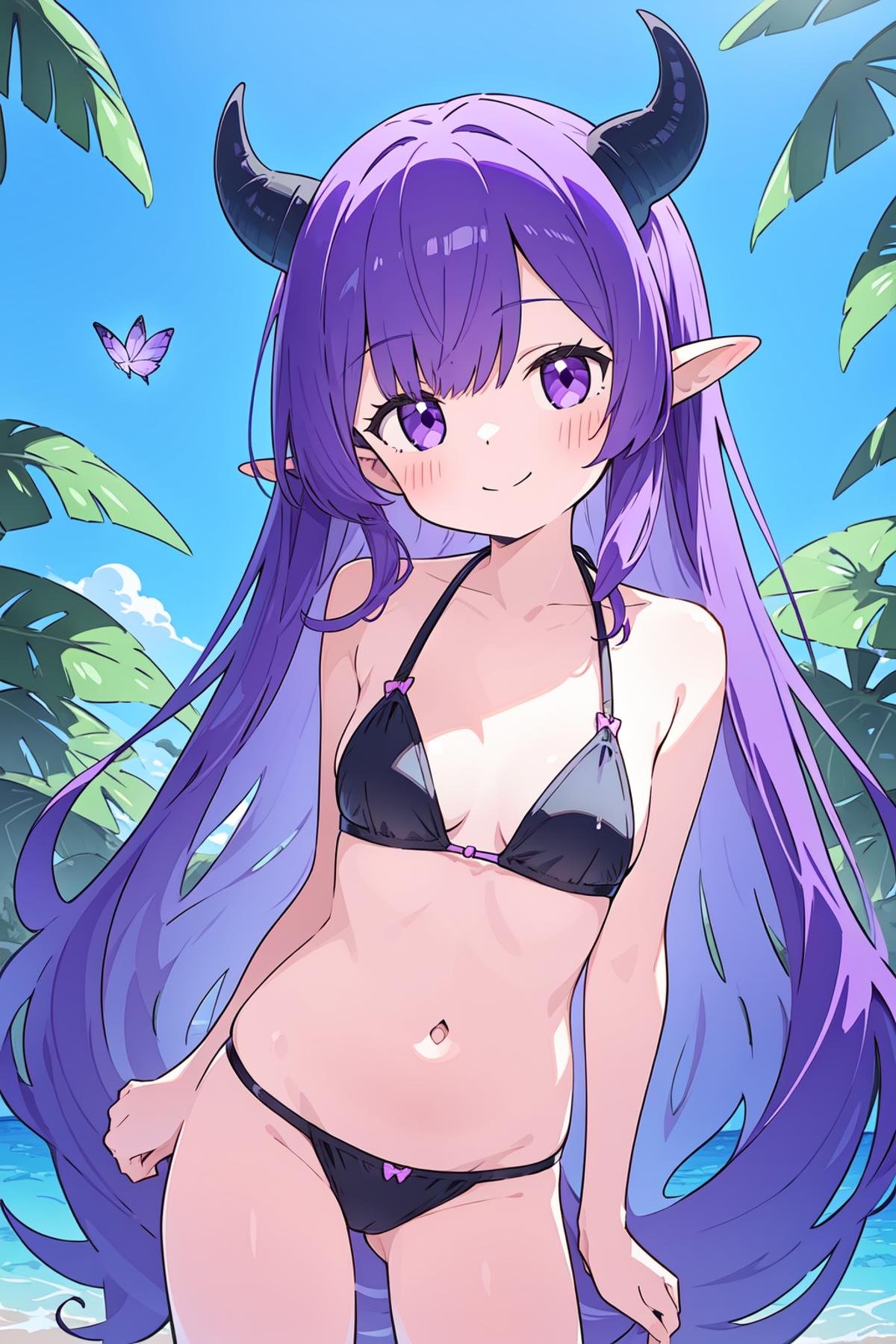 1girl, breasts, solo, bug, horns, butterfly, tail, long_hair, navel, swimsuit, purple_eyes, wings, hair_on_horn, pointy_ears, bikini, blush, demon_girl, large_breasts, purple_hair, looking_at_viewer, bangs, black_bikini, collarbone, plant, demon_tail, cowboy_shot, closed_mouth, very_long_hair, underwear, smile, ribbon, cleavage, untied, areola_slip