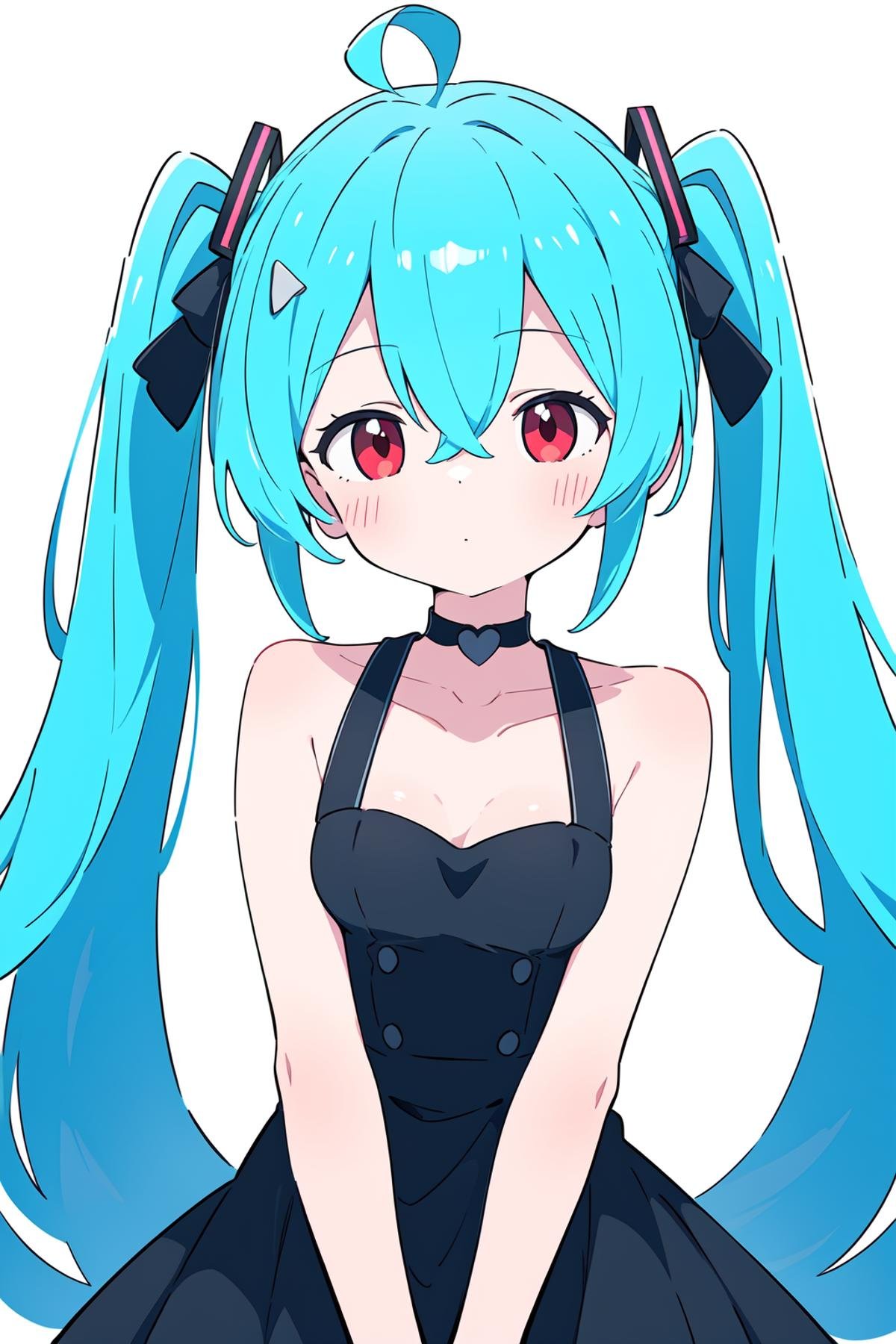 best quality, amazing quality, very aesthetic, absurdres,1girl, solo, long_hair, hatsune_miku, twintails, red_eyes, hair_between_eyes, black_dress, dress, floating_hair, very_long_hair, upper_body, sleeveless, collarbone, looking_at_viewer, choker, breasts, closed_mouth, sleeveless_dress, cracked_skin, grey_background, bangs, black_choker, shiny_hair, shiny, ahoge, bare_shoulders, ribbon, blue_hair, black_ribbon, blood, gradient, hair_ornament, medium_breasts, gradient_background