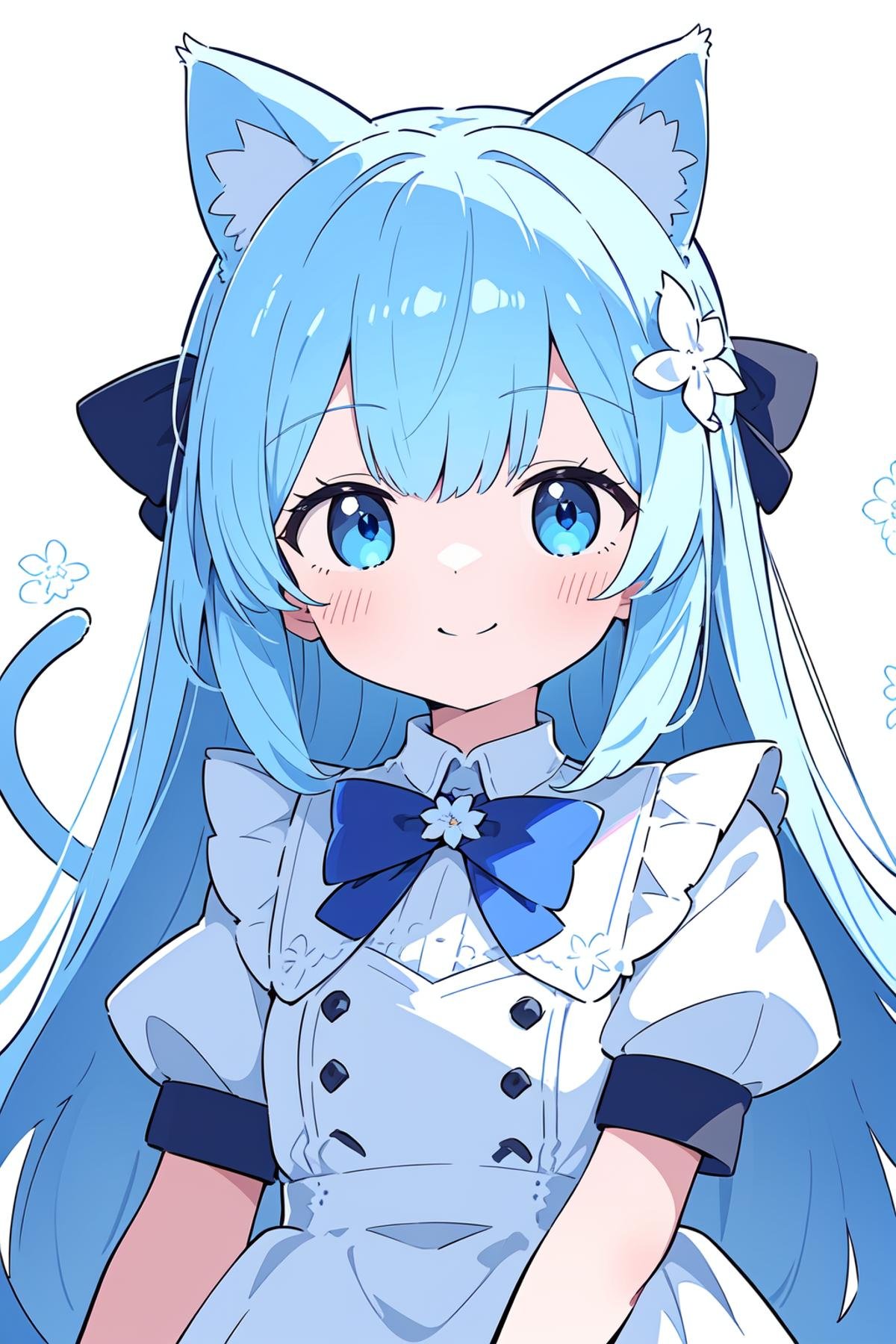 long hair,1girl,solo,white_wings,white_gloves,gloves,short_sleeves,wings,puffy_short_sleeves,puffy_sleeves,smile,long_hair,closed_mouth,feathered_wings,bow,blue_eyes,hair_ornament,blue_hair,animal_ears,bangs,cat_ears,flower,white_flower,white_shirt,blush,very_long_hair,hand_up,looking_at_viewer,blurry,dress,shirt,blurry_background,blue_bow,hair_flower,hair_bow,white_dress,white_bow,depth_of_field,feathers,white_feathers,frills,