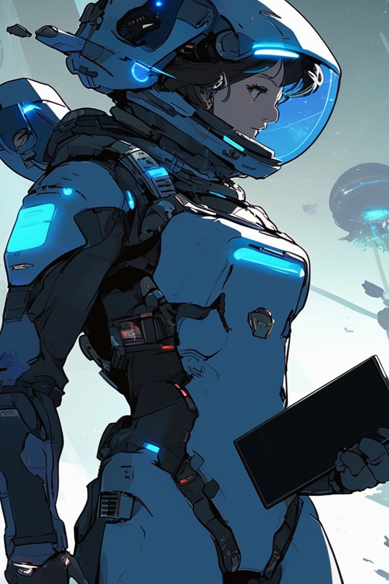 A female space explorer in a sleek spacesuit with advanced life-support systems, holding a futuristic tablet, anime style, detailed character design, alien landscape background