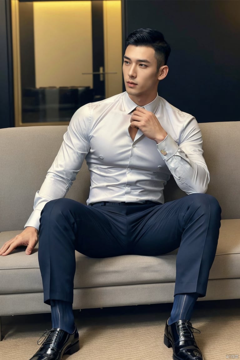 j1man,male focus,asian,exquisite facial features,handsome,muscular,pectorales,tight Collar shirt,pants,necklace,gothic style fashion,sitting on couch,navy glossy socks,footwear,in office,(masterpiece, realistic, best quality, highly detailed,profession), jzns,jmsw,