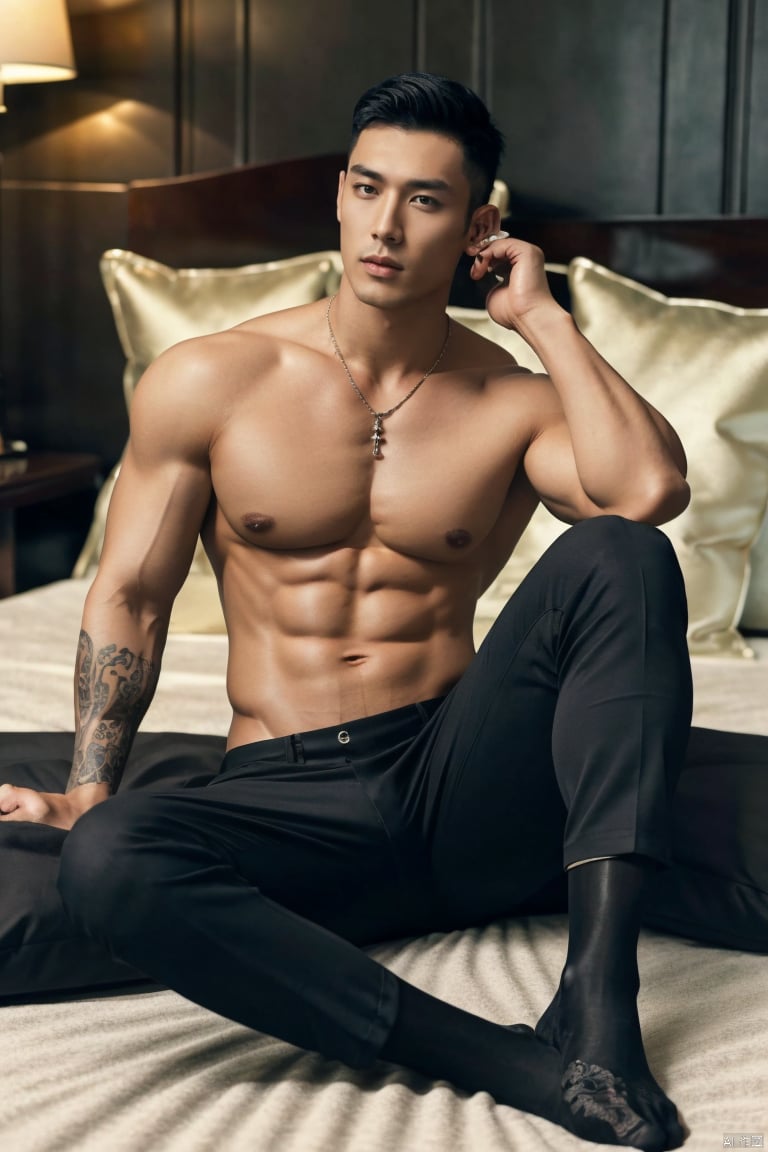  1man,model,male focus,asian,exquisite facial features,handsome,bare,muscular,pectorales,pants,armband,necklace,gothic style fashion, sitting,bed,between legs,glossy socks,full body,in room,(masterpiece, realistic, best quality, highly detailed,profession),jzns,jmsw,