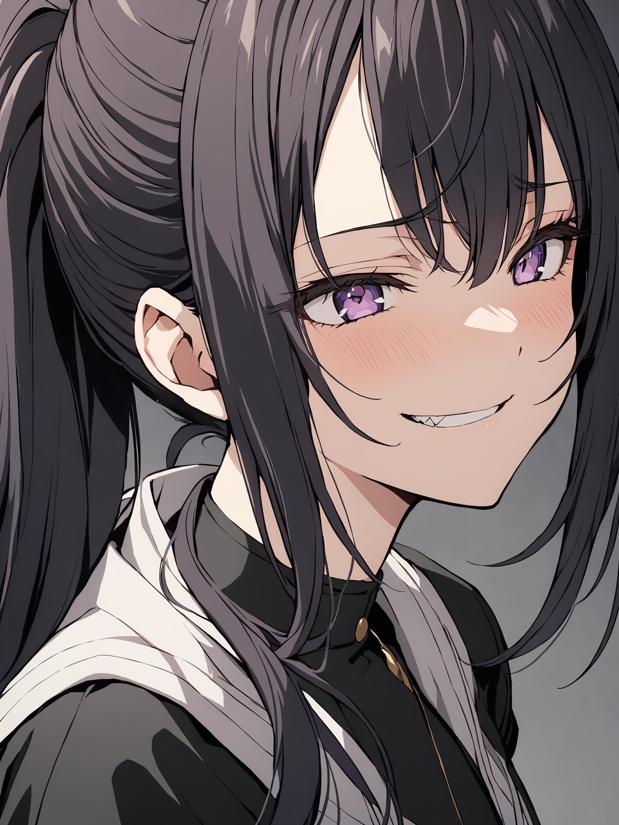 suouyuki_imoto, purple eyes, black hair, long hair, ponytail,portrait, close up, shy face, evil grin,best quality, masterpiece,<lora:hinaAlyaMashaYuki_sdxl_wifu_v1:0.7>