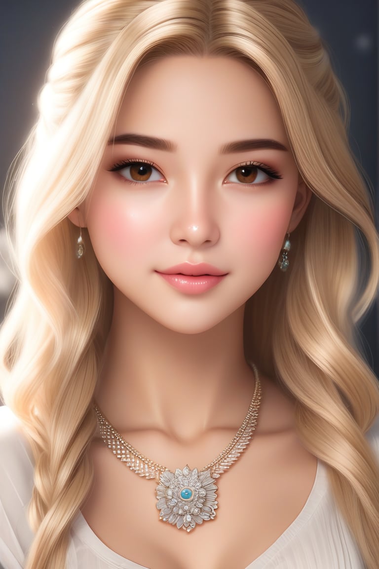 a woman with long blonde hair posing for the camera, 1girl, solo, long hair, looking at viewer, blonde hair, simple background, brown eyes, jewelry, necklace, mole, lips, ring, portrait, realistic
